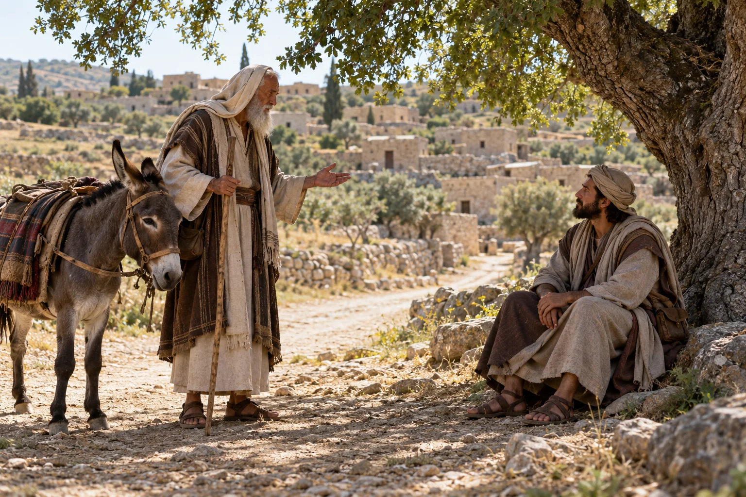 Beeld bij 1 Koningen 13: Een oude profeet ontmoet de man van God onder een eik.