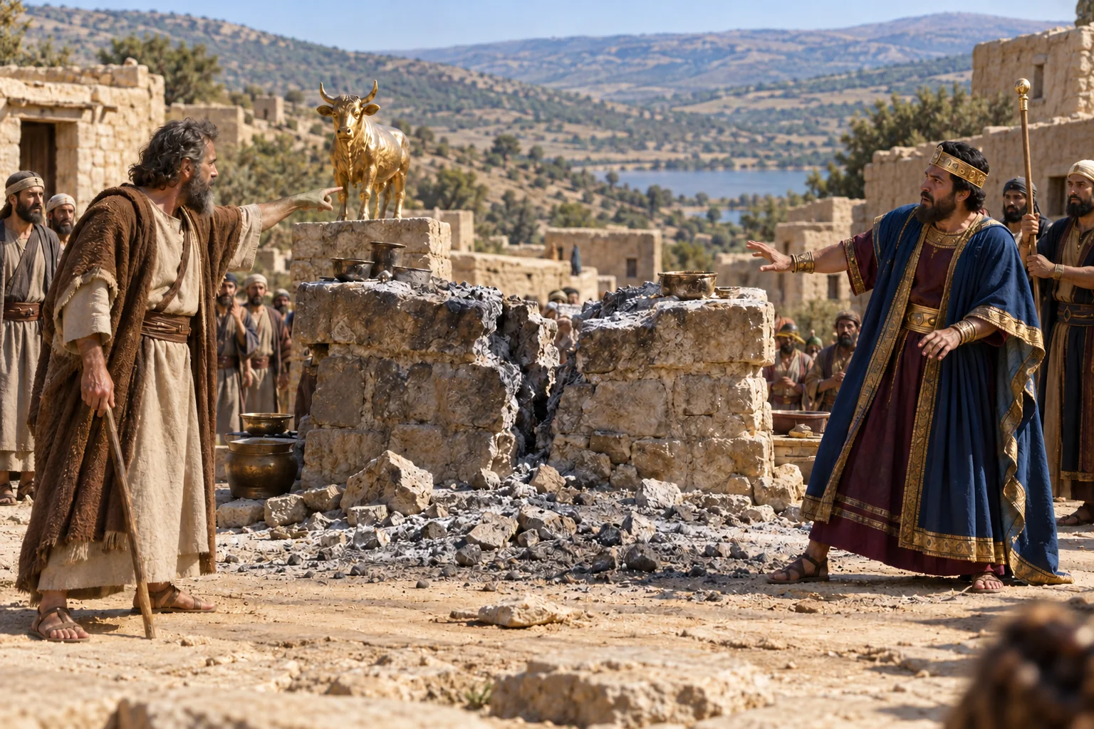 Beeld bij 1 Koningen 13: Het altaar in Bethel scheurt en de as valt eraf.