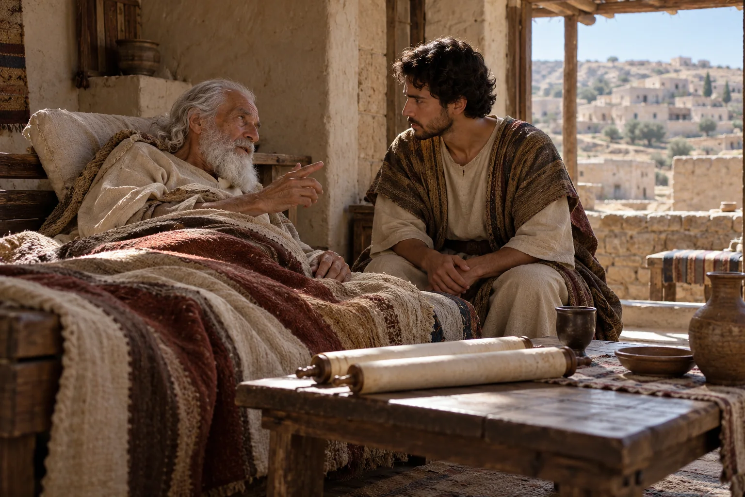 Beeld bij 1 Koningen 2: David draagt Salomo op trouw aan de wet van Mozes te leven.
