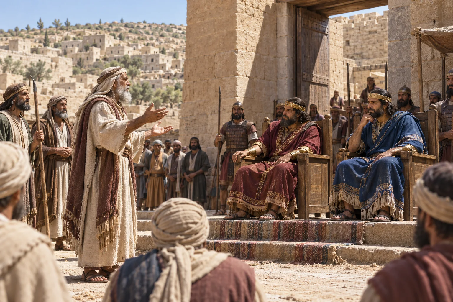 Beeld bij 1 Koningen 22: Achab en Josafat luisteren bij de poort van Samaria naar de profeten.