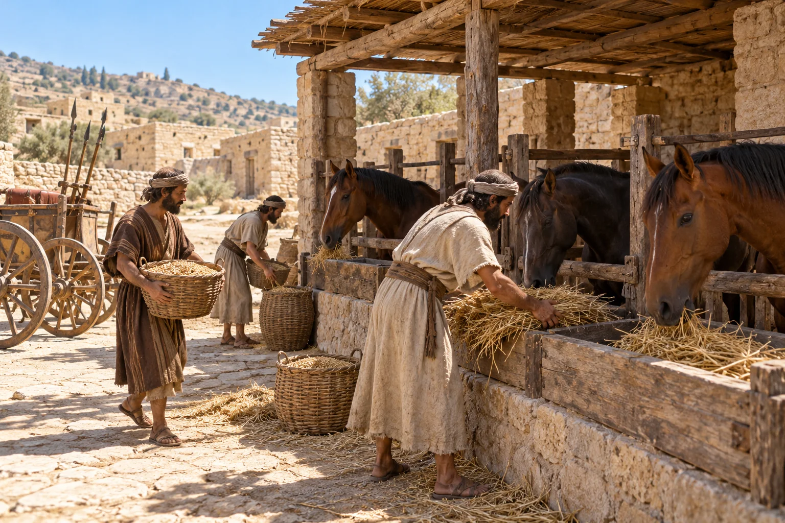 Beeld bij 1 Koningen 4: Gerst en stro worden voor de paarden aangevoerd.