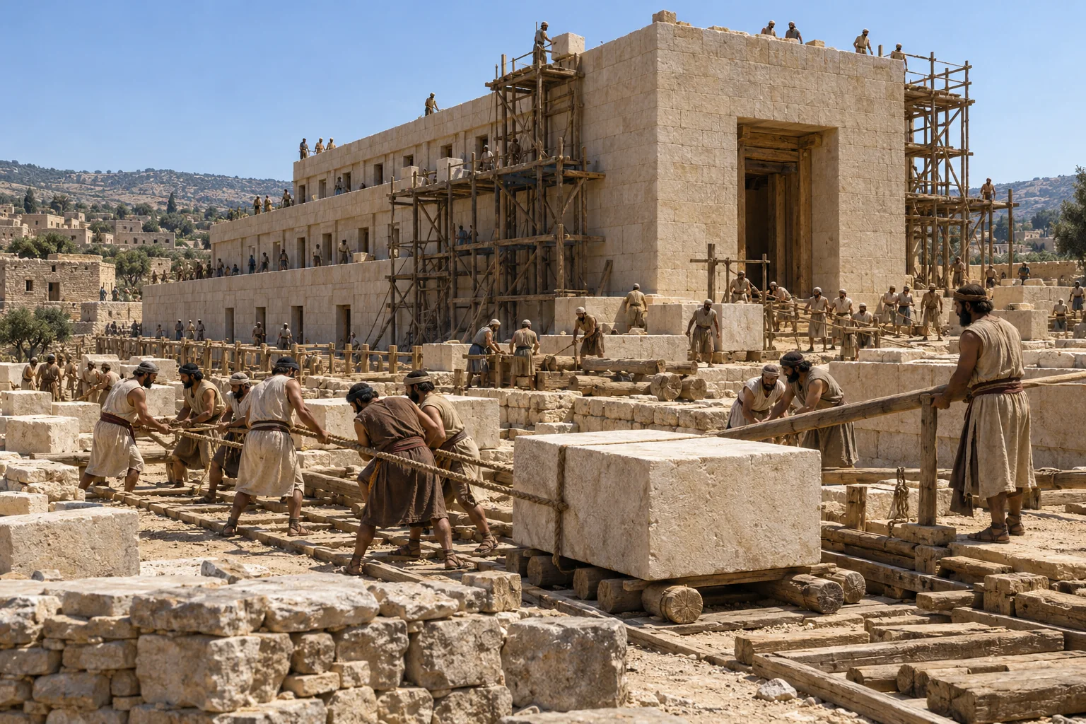 Beeld bij 1 Koningen 6: De pasklare stenen worden bij de tempel zonder ijzeren gereedschap geplaatst.