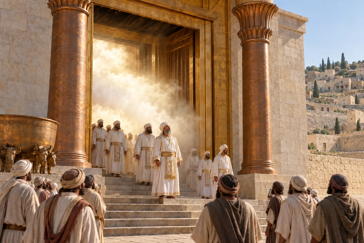 Beeld bij 1 Koningen 8: Een wolk vult de tempel wanneer de priesters naar buiten komen.