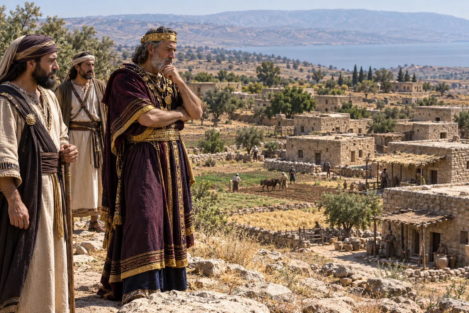 Beeld bij 1 Koningen 9: Hiram bekijkt de steden in Galilea die Salomo hem heeft gegeven.