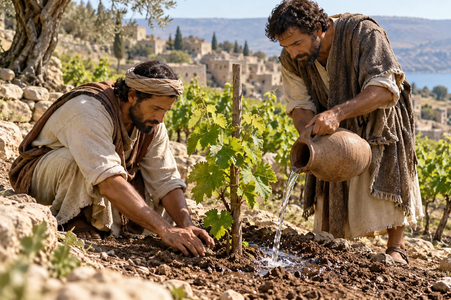 Beeld bij 1korinthiers 3: Planten en water geven
