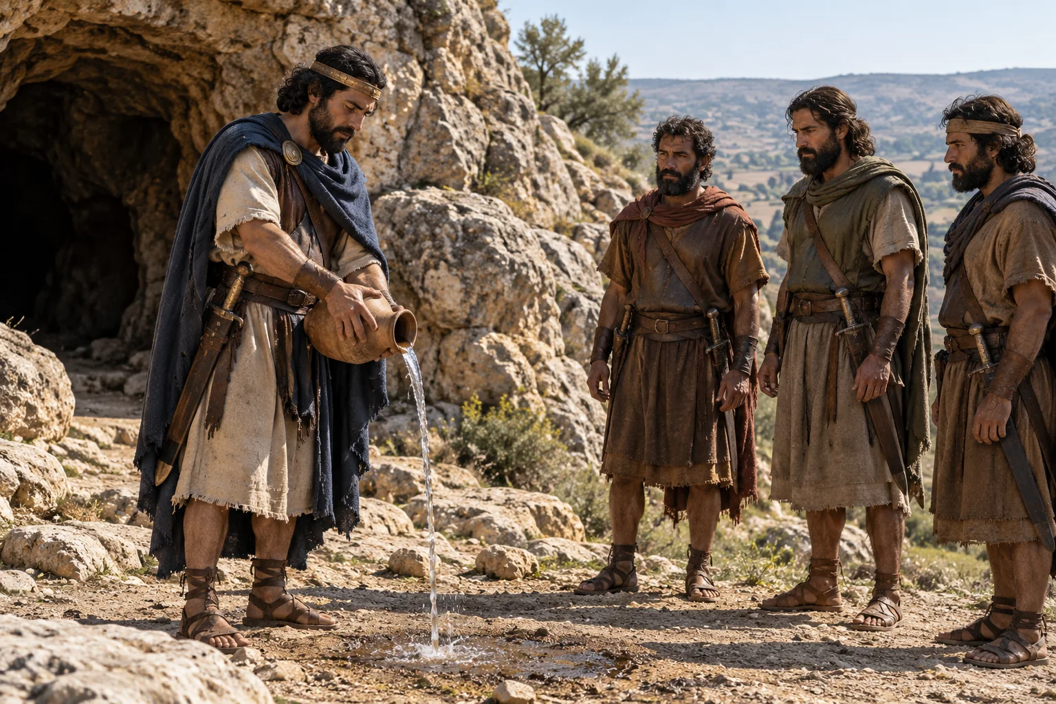 Beeld bij 1 Kronieken 11: David giet het water uit Bethlehem uit voor de HEERE.