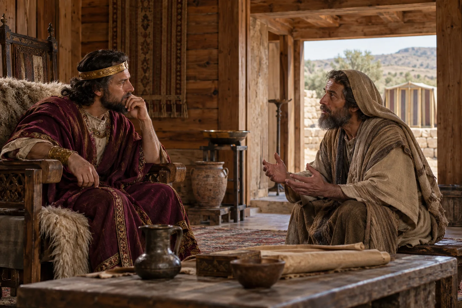 Beeld bij 1 Kronieken 17: David spreekt met Nathan over het huis voor God.