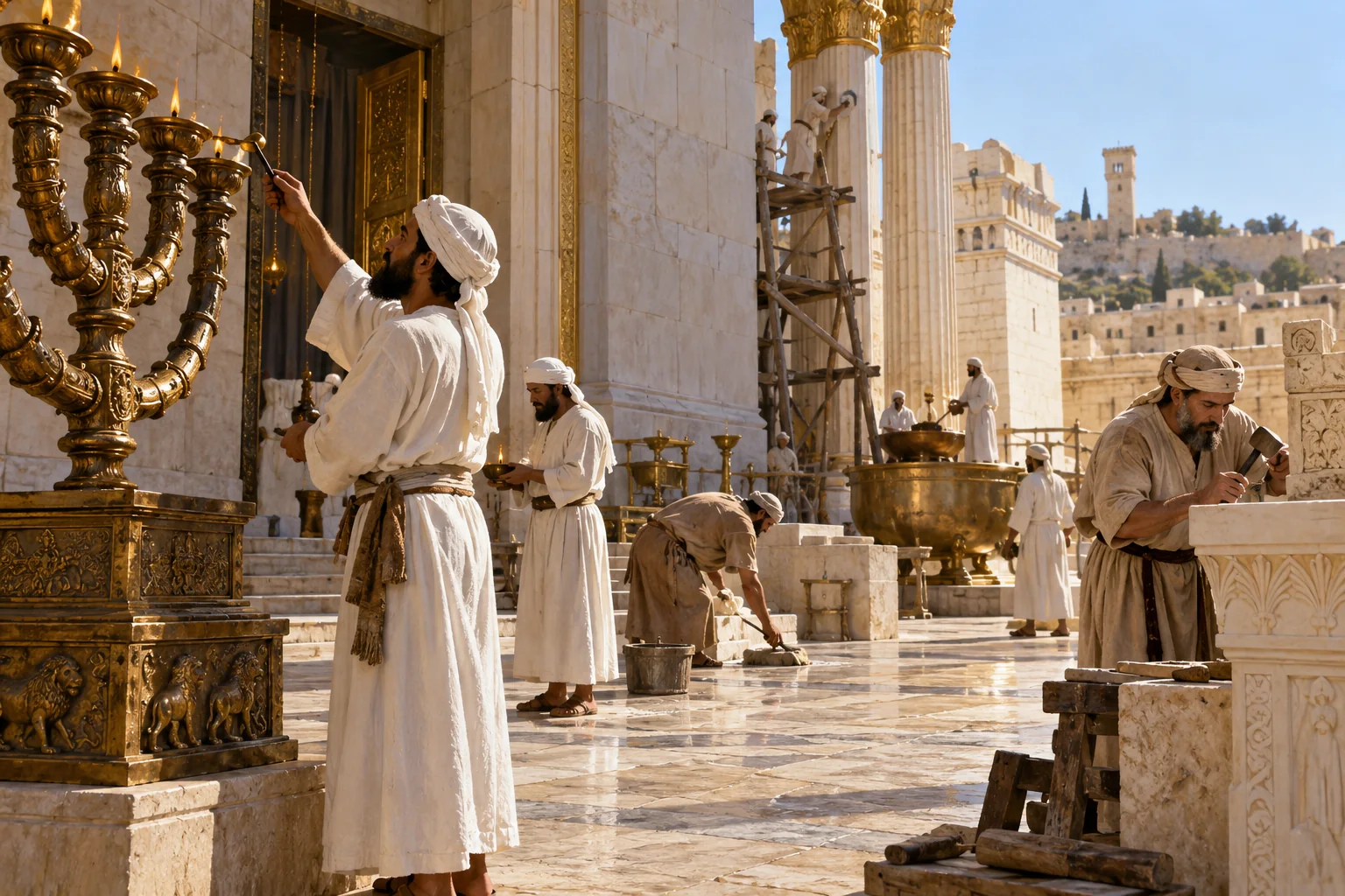 Priesters reinigen en herstellen de tempel