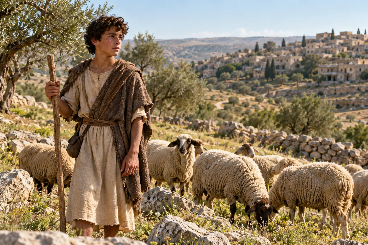Beeld bij 1 Samuël 16: David hoedt de schapen terwijl zijn familie bij Samuël is.