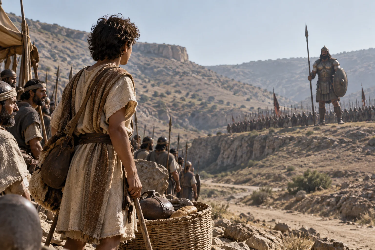 David kijkt vanuit het legerkamp naar Goliath aan de overzijde van het dal