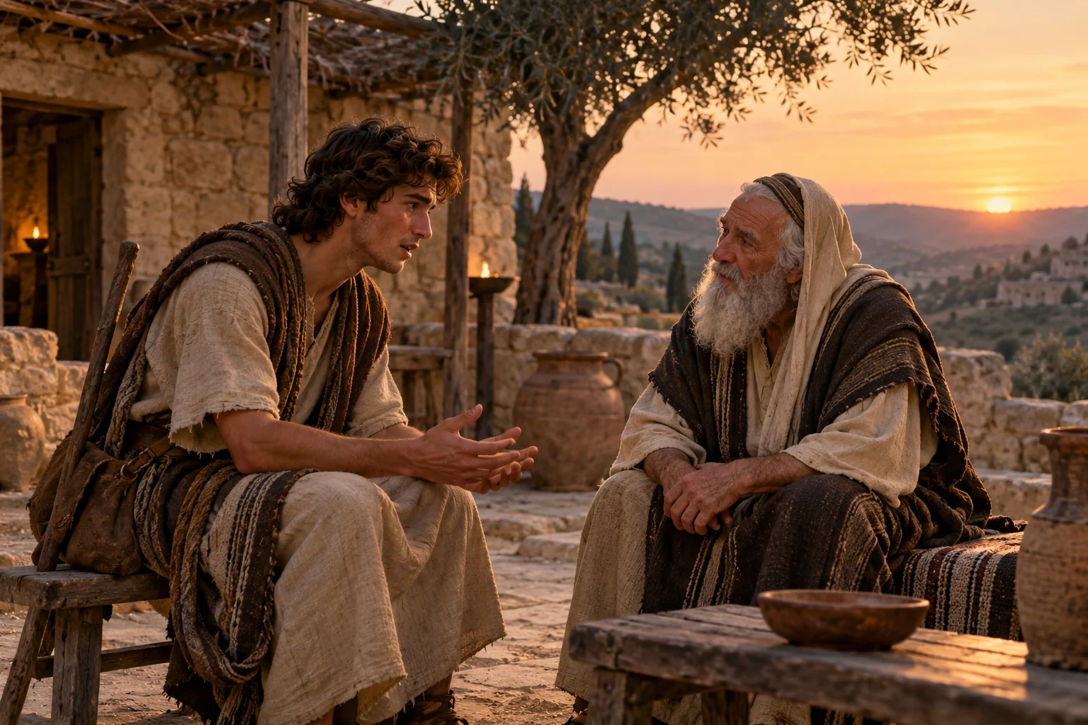 Beeld bij 1 Samuël 19: David vertelt Samuël in Rama hoe Saul hem vervolgt.