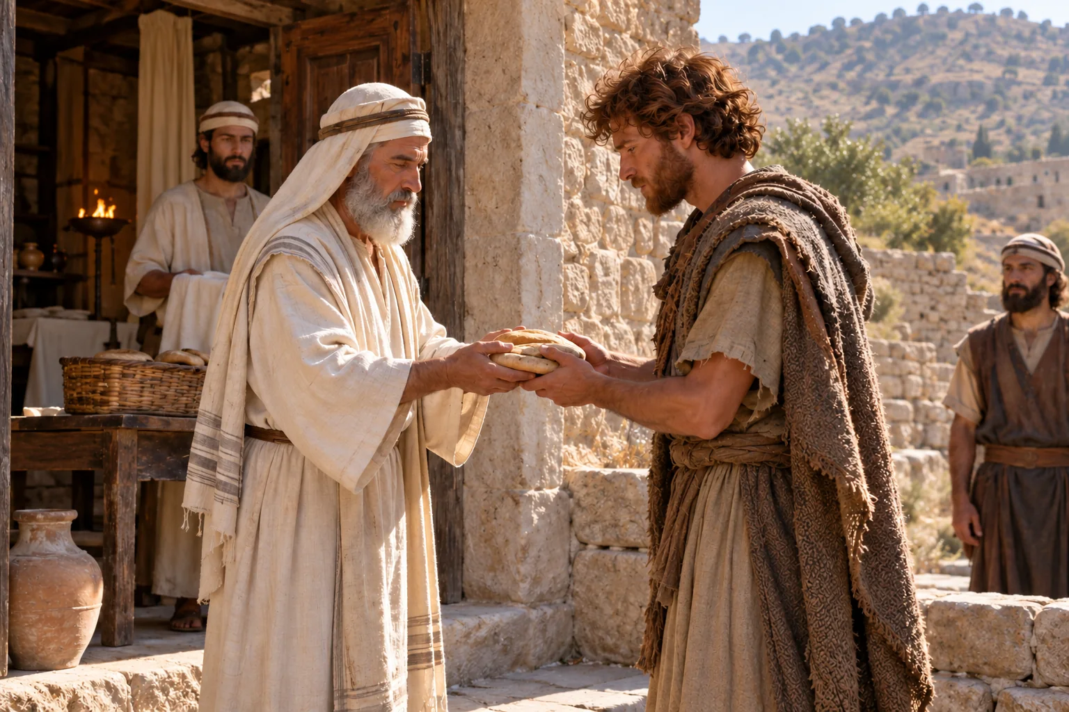 Beeld bij 1 Samuël 21: Achimelech geeft David het heilige brood.