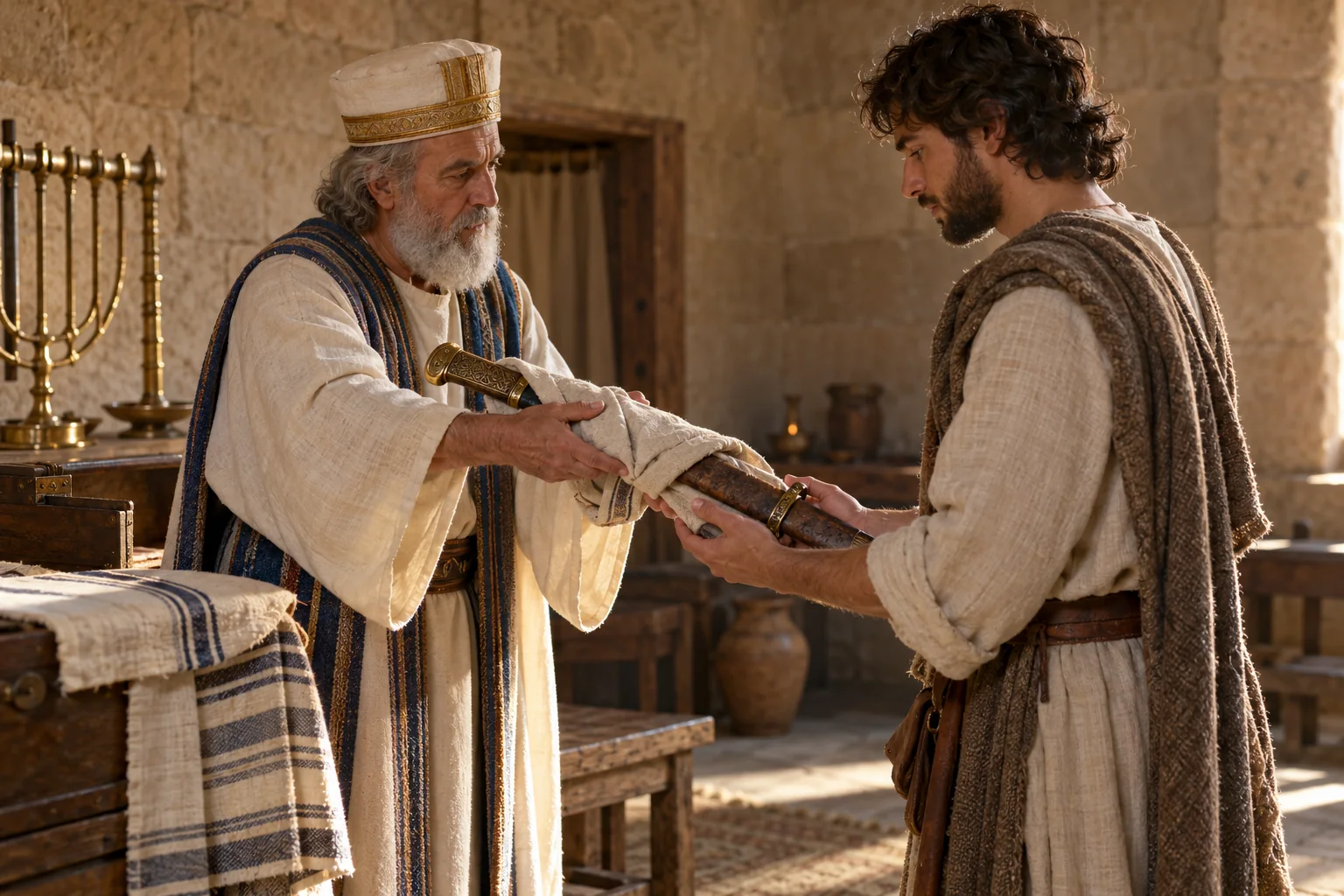 Beeld bij 1 Samuël 21: David ontvangt het in een kleed gewikkelde zwaard van Goliath.