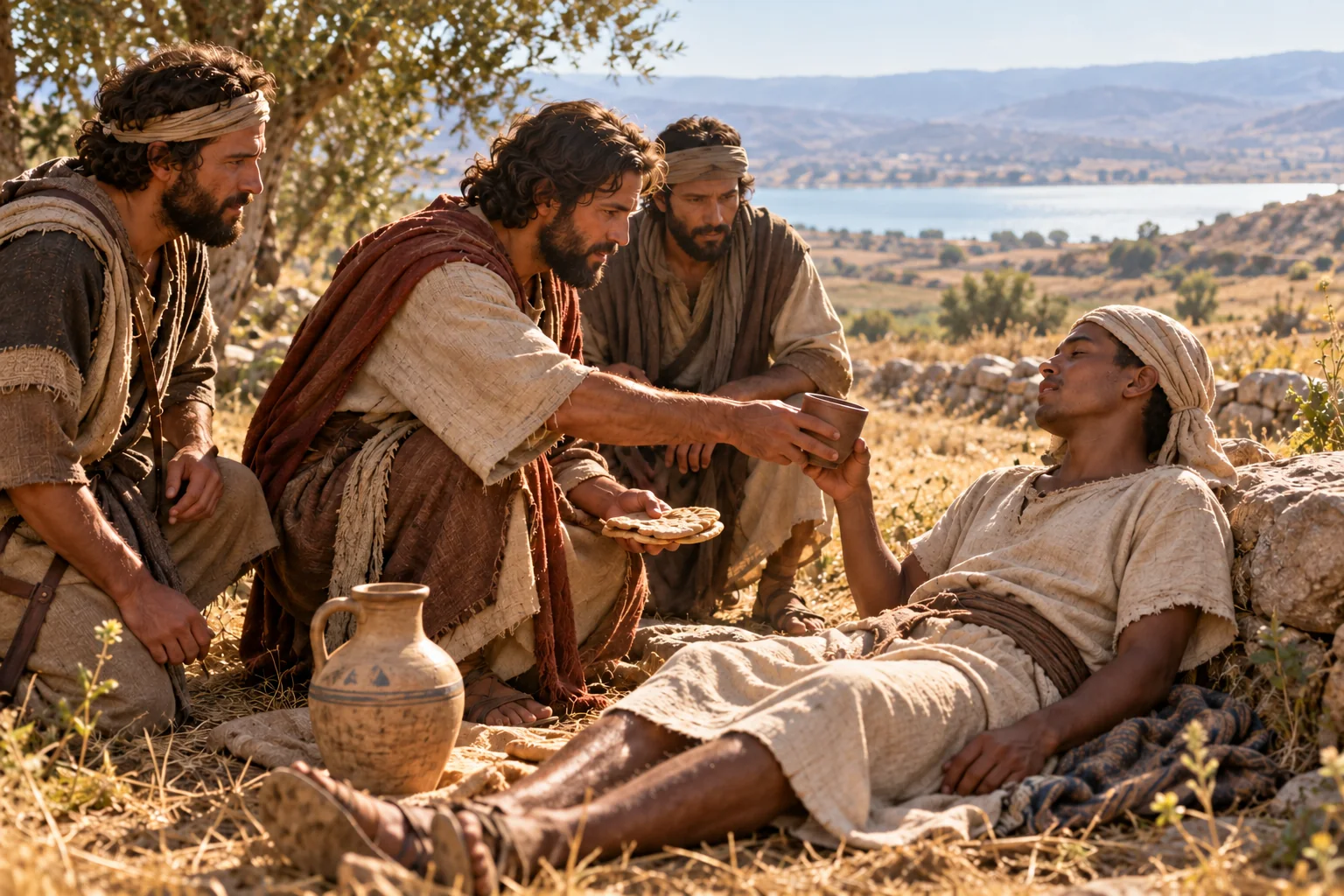 Beeld bij 1 Samuël 30: Davids mannen geven de achtergelaten Egyptenaar brood en water.