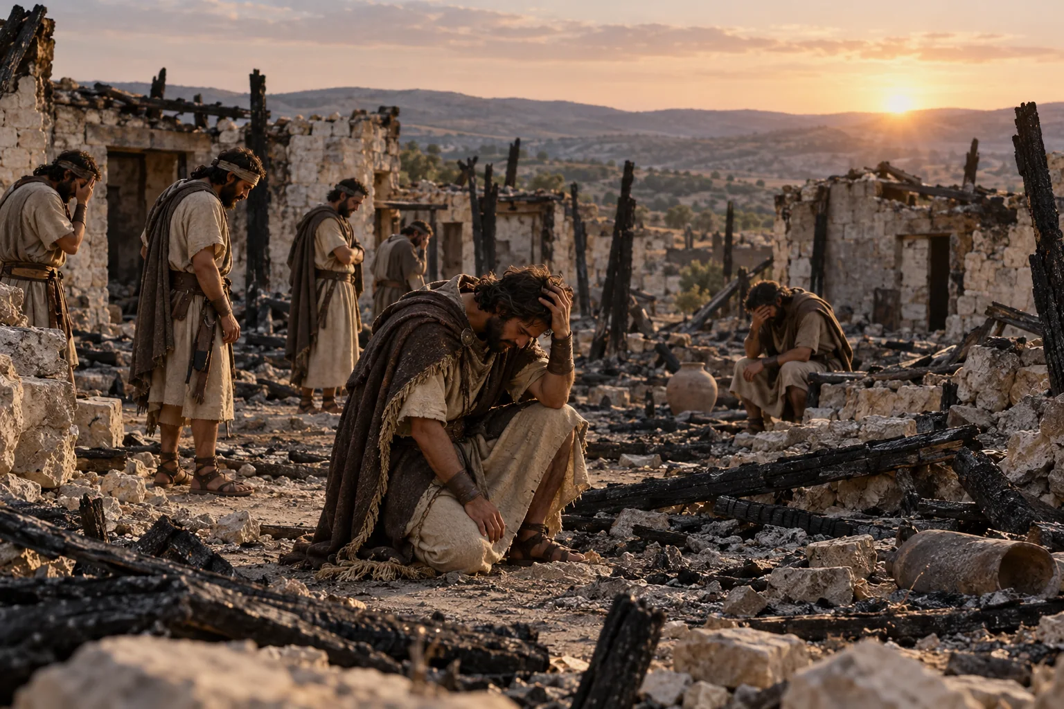 Beeld bij 1 Samuël 30: David en zijn mannen huilen bij het verwoeste Ziklag.