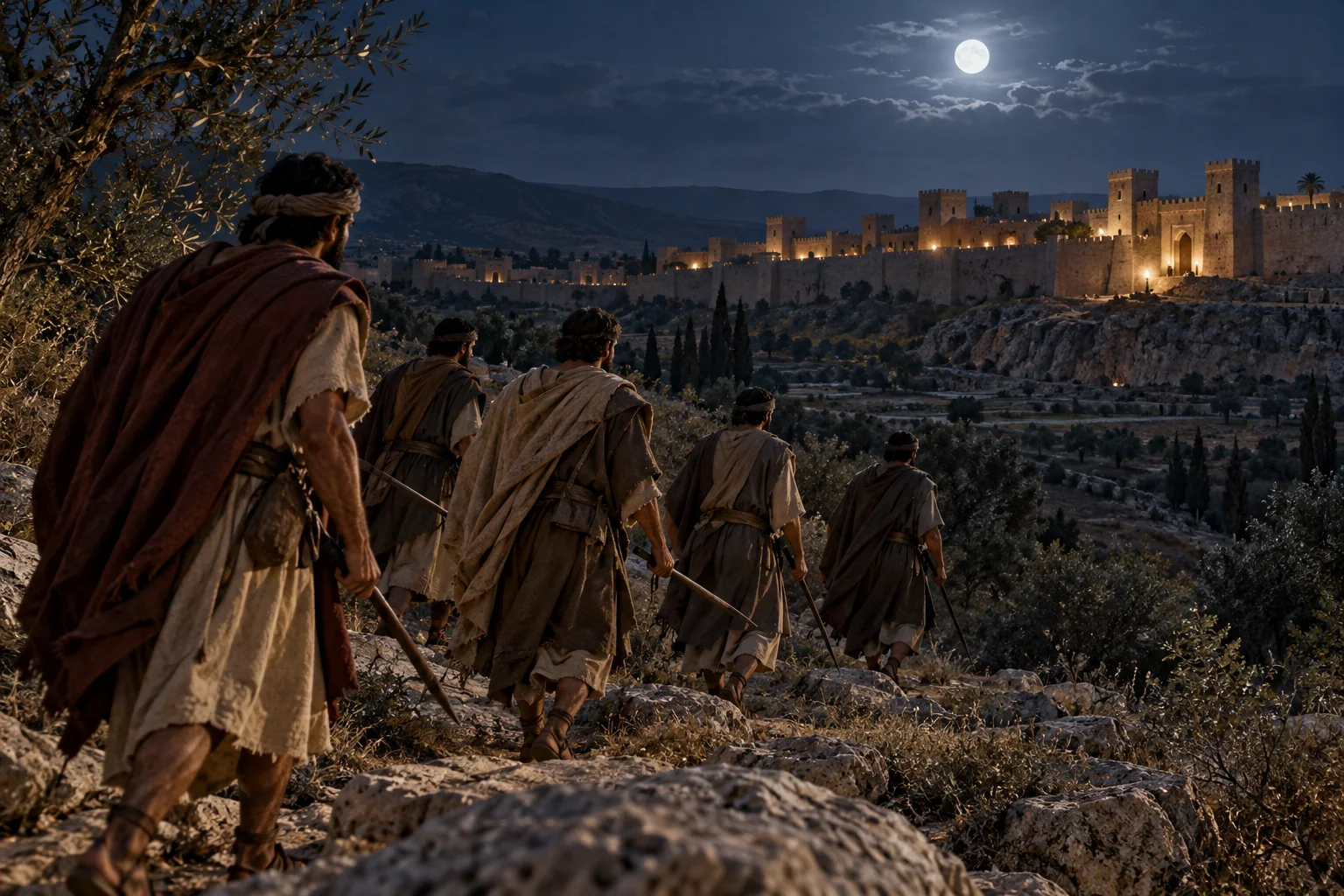 Beeld bij 1 Samuël 31: De dappere mannen van Jabes trekken in de nacht naar Bet-San.