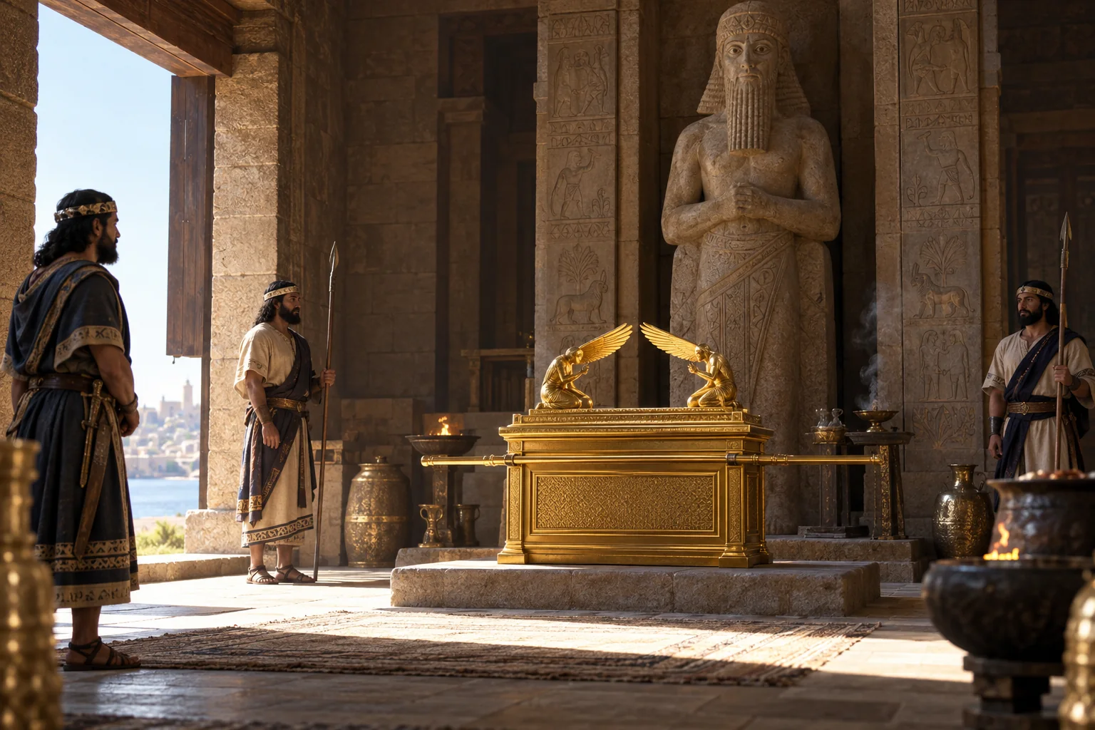 Beeld bij 1 Samuël 5: De Filistijnen zetten de ark in de tempel van Dagon.