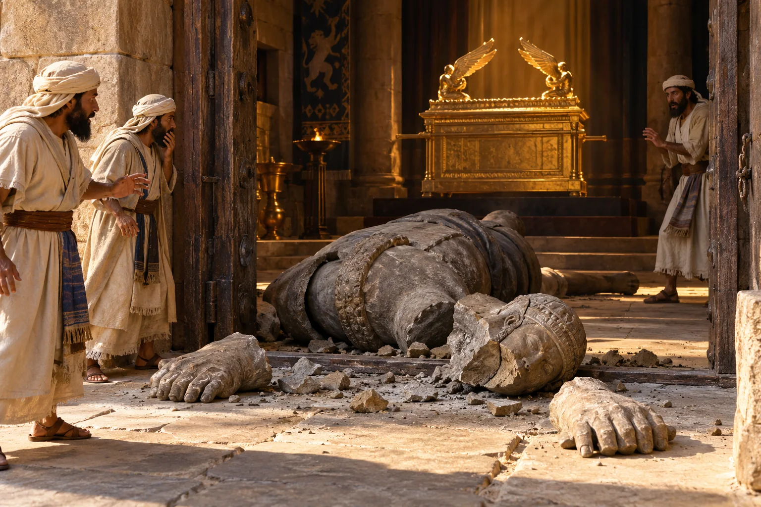 Beeld bij 1 Samuël 5: Dagon ligt met afgebroken hoofd en handen voor de ark.
