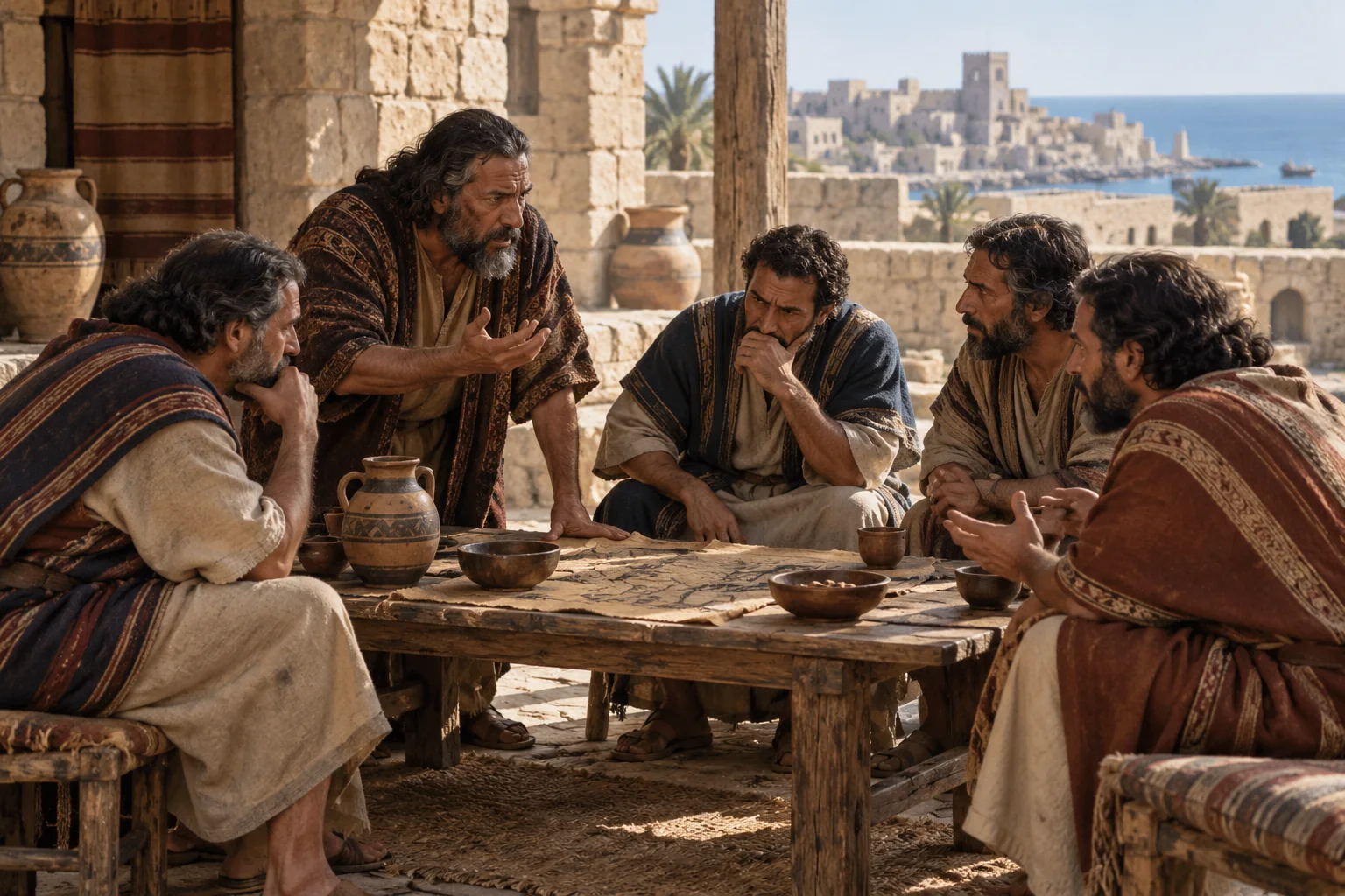 Beeld bij 1 Samuël 5: De Filistijnse leiders overleggen over de ark.
