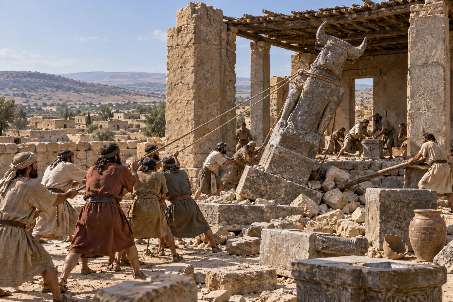 Beeld bij 2 Koningen 10: Het heiligdom van Baäl in Samaria wordt afgebroken.