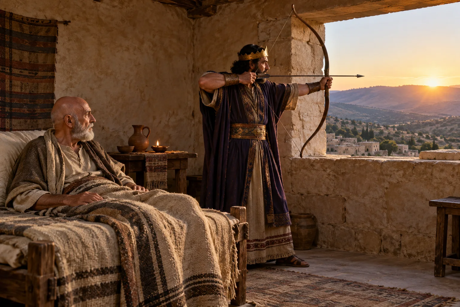 Beeld bij 2 Koningen 13: Joas schiet op aanwijzing van Elisa een pijl door het oostelijke venster.
