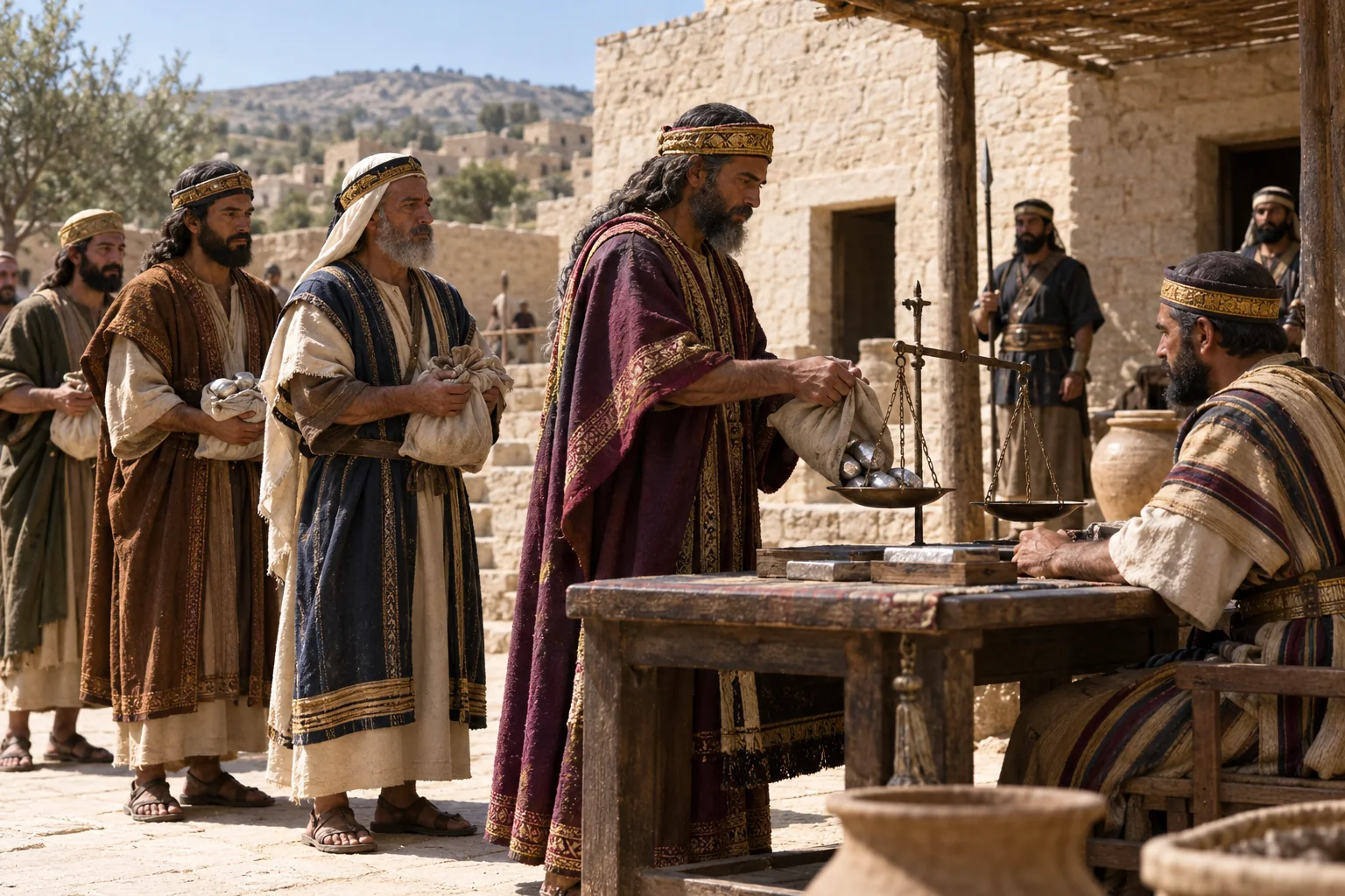 Beeld bij 2 Koningen 15: Rijke mannen brengen zilver bijeen voor de schatting aan Assyrië.