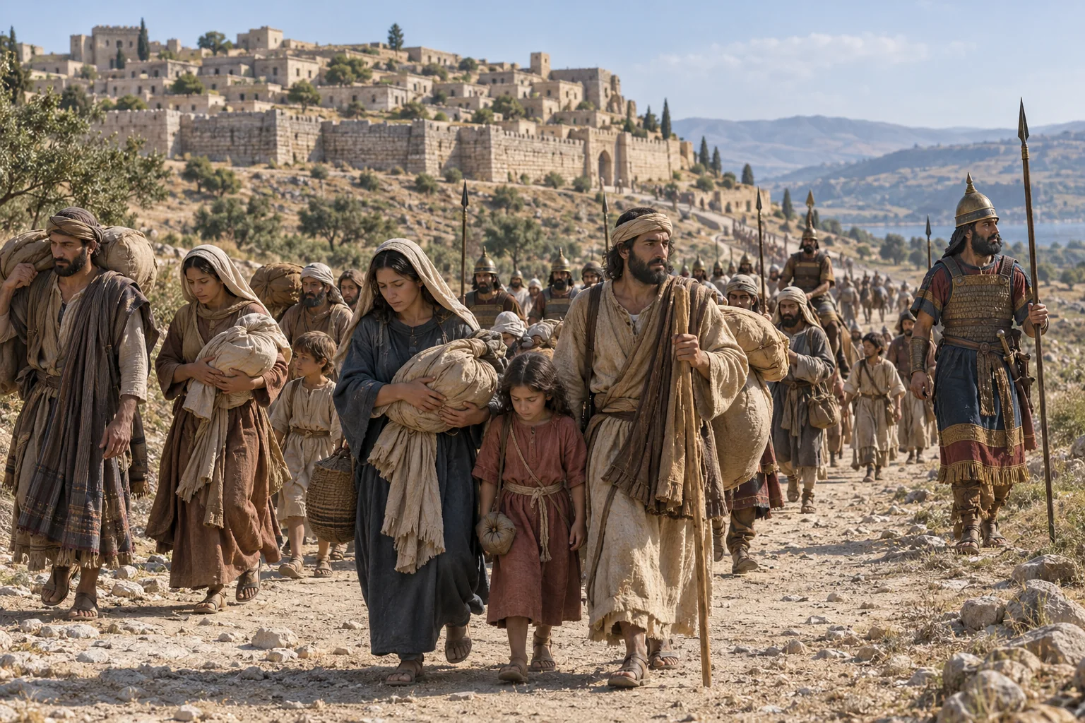 Beeld bij 2 Koningen 17: De inwoners van Samaria worden naar Assyrië weggevoerd.