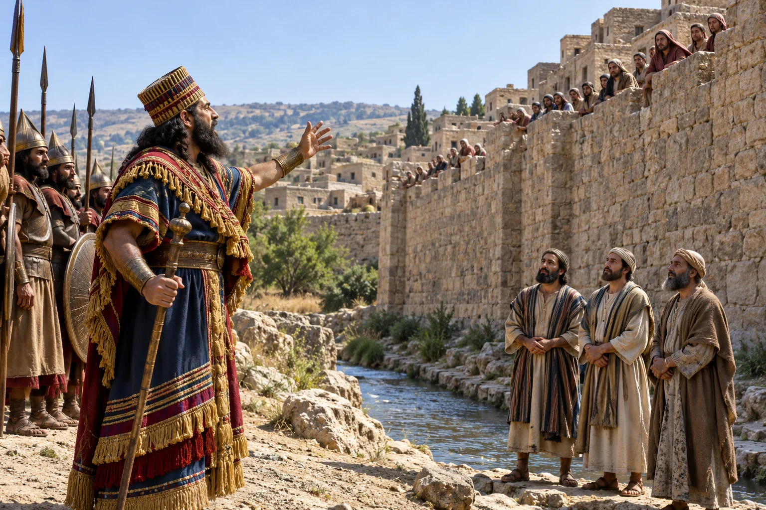 Beeld bij 2 Koningen 18: De Assyrische opperschenker spreekt de mensen op de muur toe.