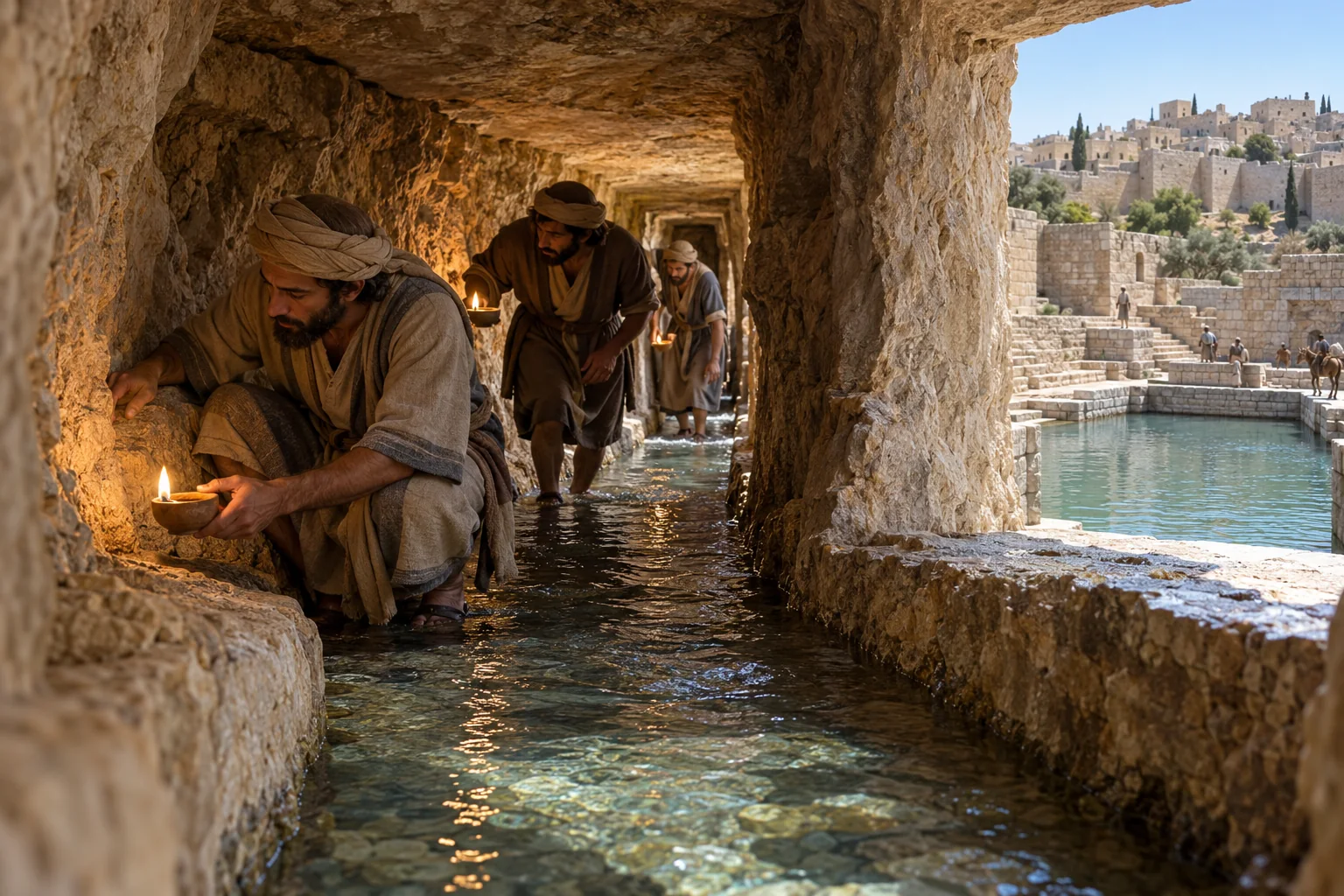 Beeld bij 2 Koningen 20: Hizkia brengt water via een waterleiding de stad binnen.