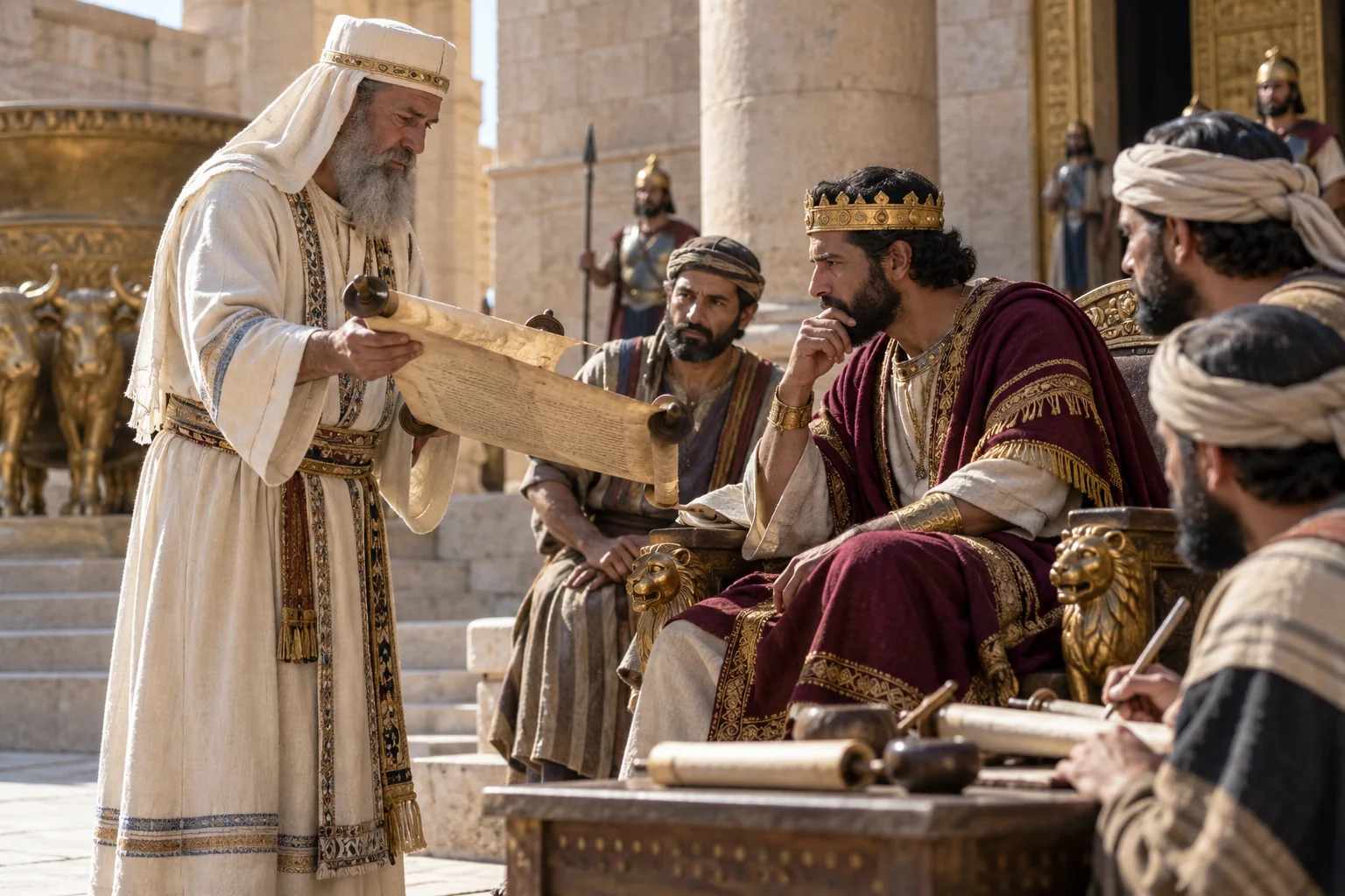 Een priester toont een gevonden wetboek aan de koning