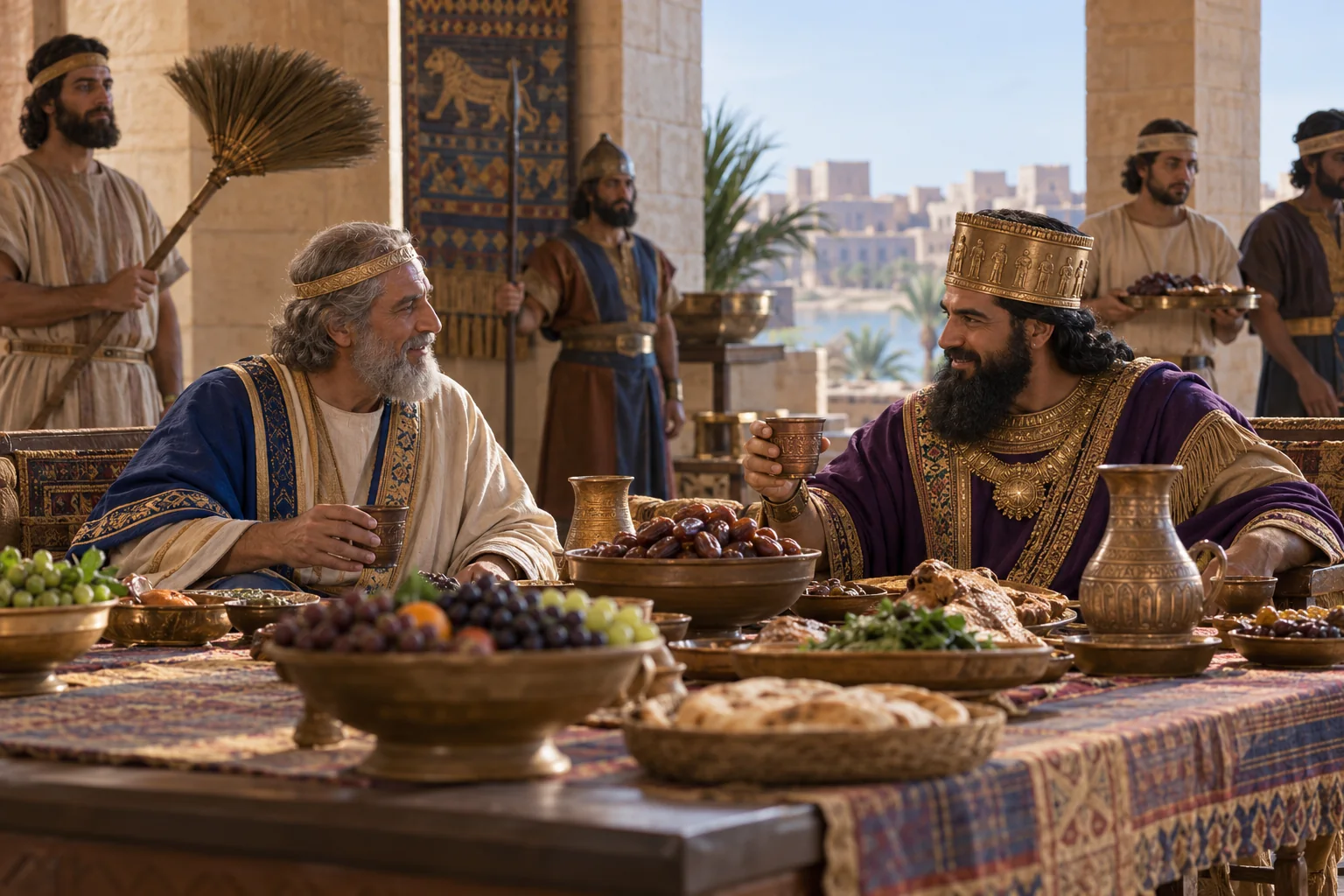 Beeld bij 2 Koningen 25: Jojachin krijgt nieuwe kleren en eet aan de tafel van de koning.