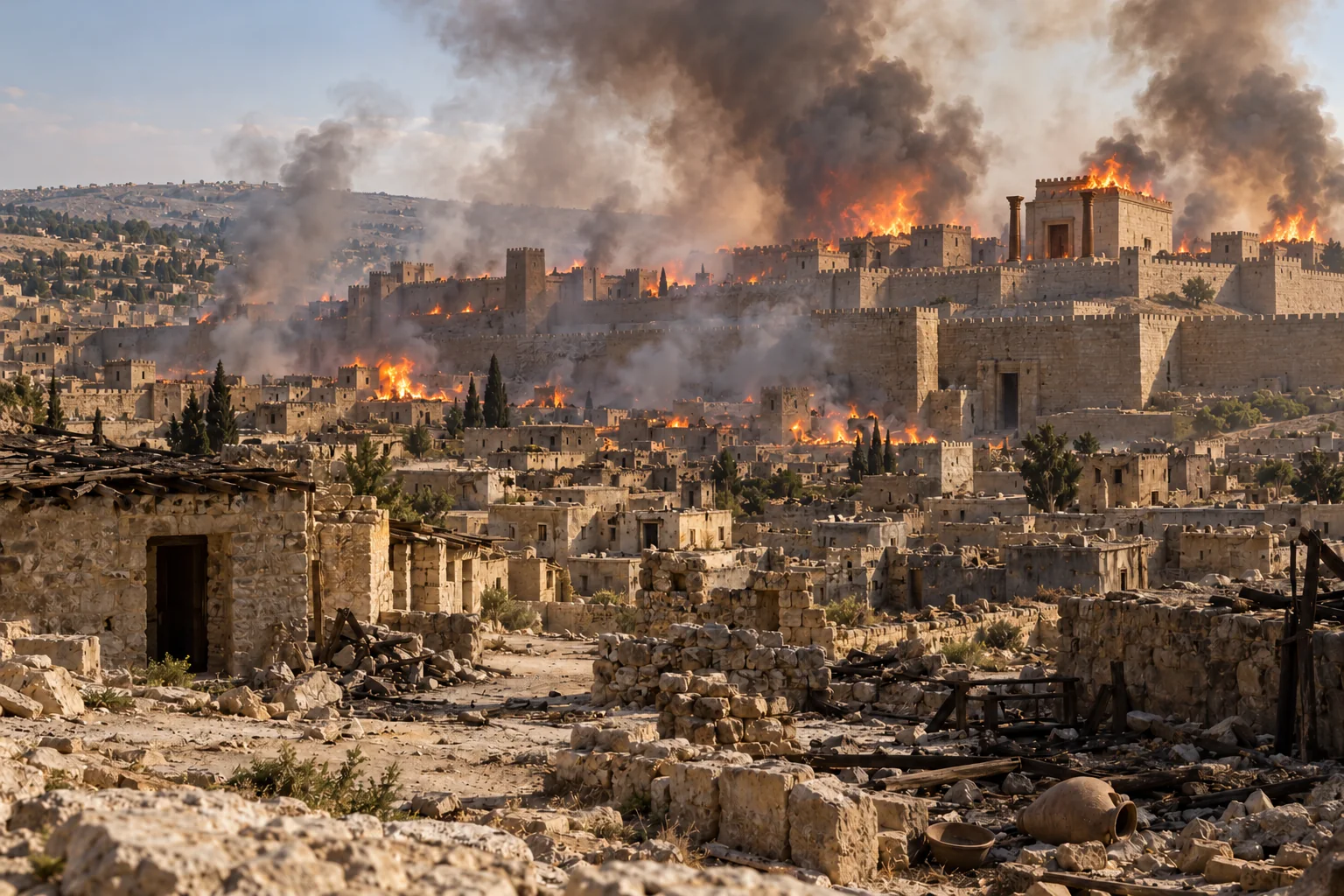Beeld bij 2 Koningen 25: De tempel en de huizen van Jeruzalem staan in brand.