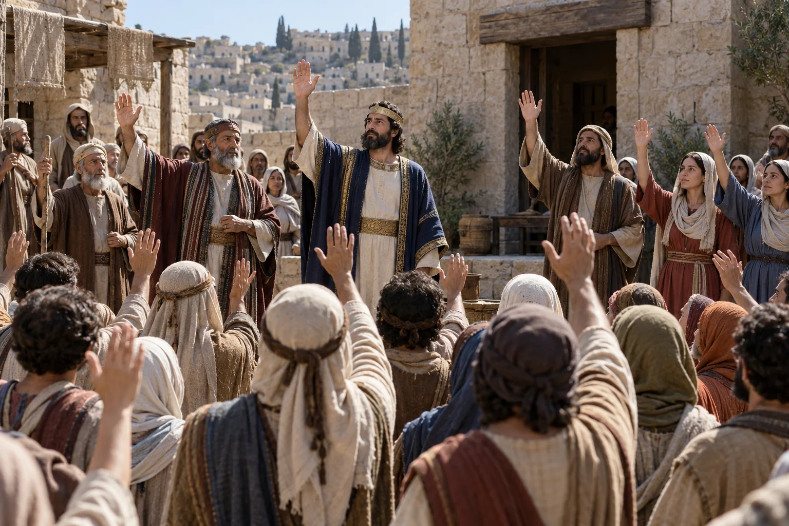 Beeld bij 2 Kronieken 15: Juda sluit een verbond om God met heel het hart te zoeken.