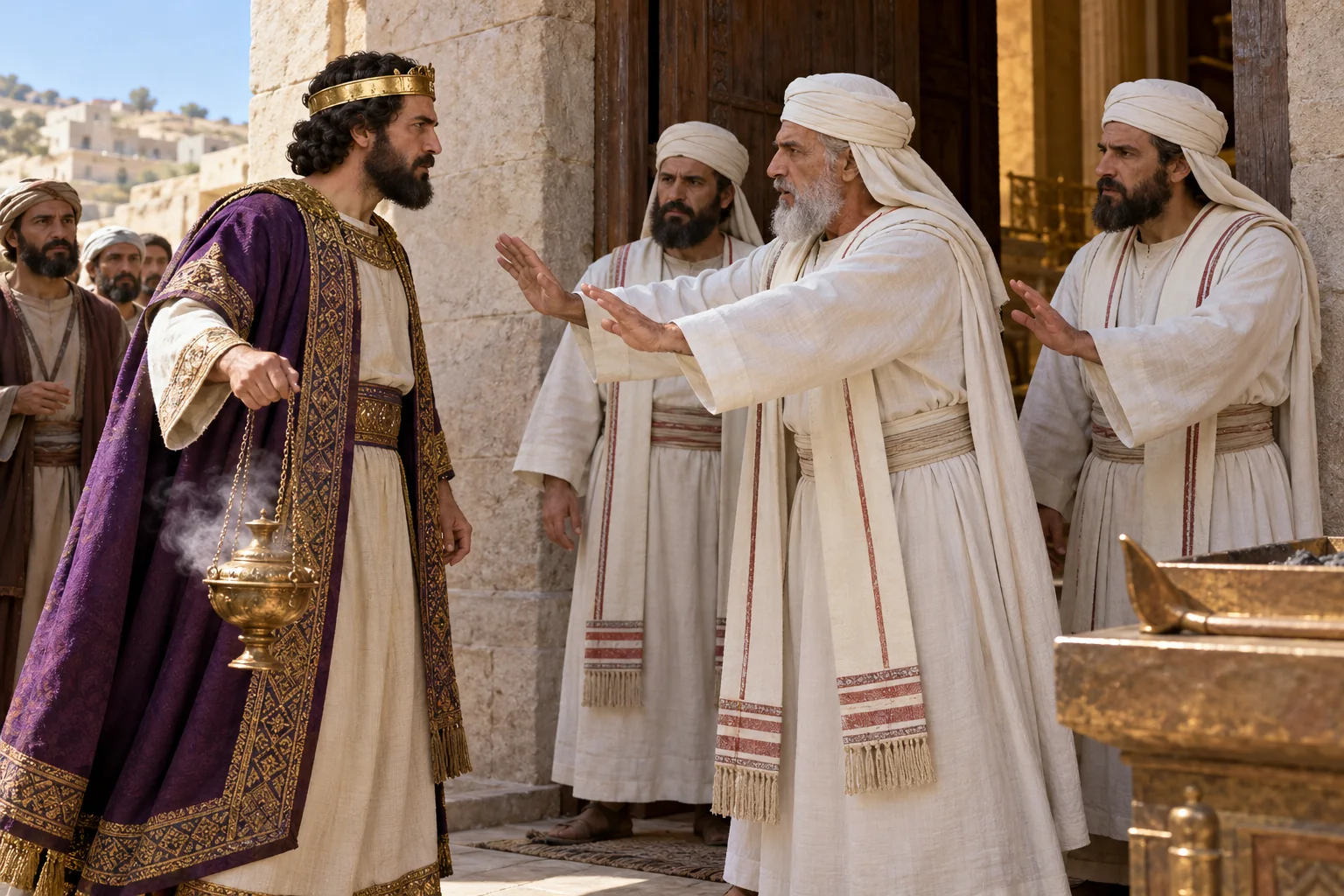 Beeld bij 2 Kronieken 26: De priesters houden Uzzia tegen