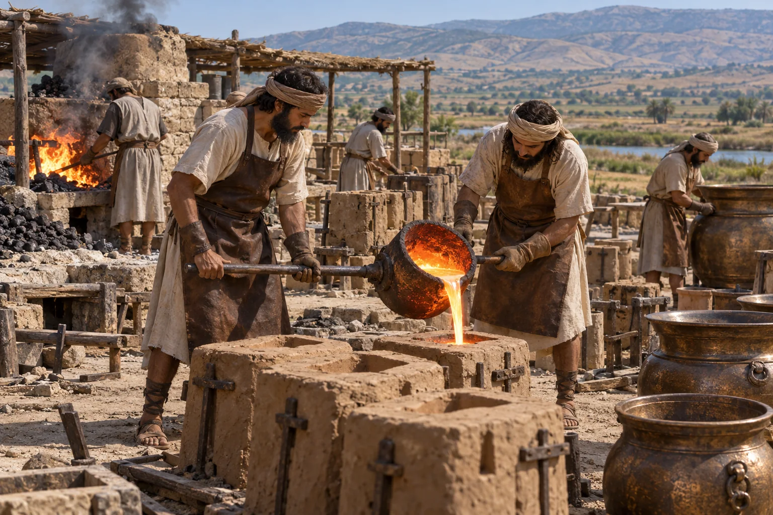 Beeld bij 2 Kronieken 4: Het koperen gerei wordt in de Jordaanvlakte gegoten.