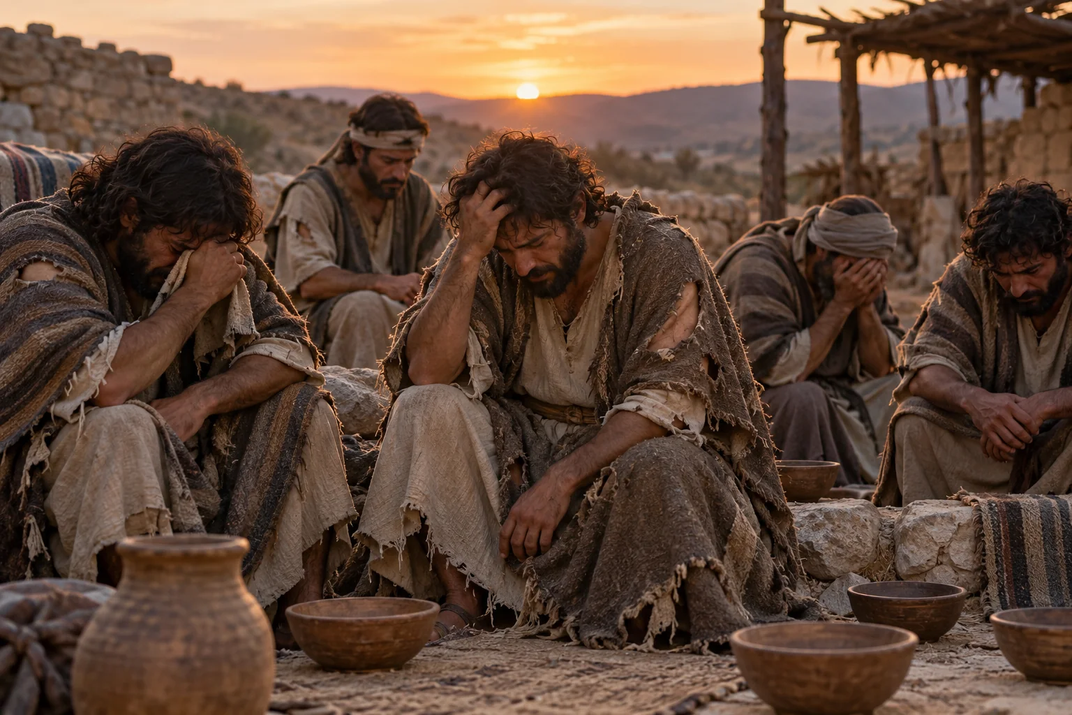 Beeld bij 2 Samuël 1: David en zijn mannen rouwen om Saul en Jonathan.