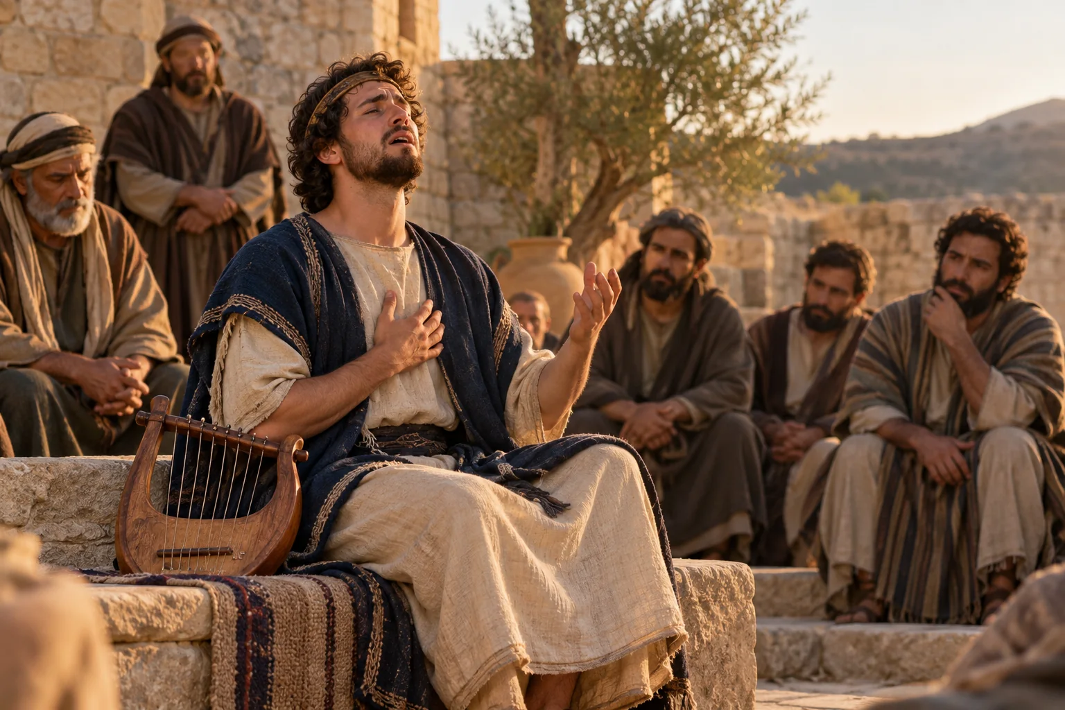 Beeld bij 2 Samuël 1: David zingt zijn klaaglied over Saul en Jonathan.