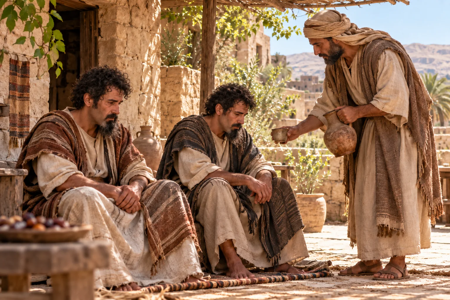 Beeld bij 2 Samuël 10: De vernederde gezanten krijgen in Jericho bescherming.