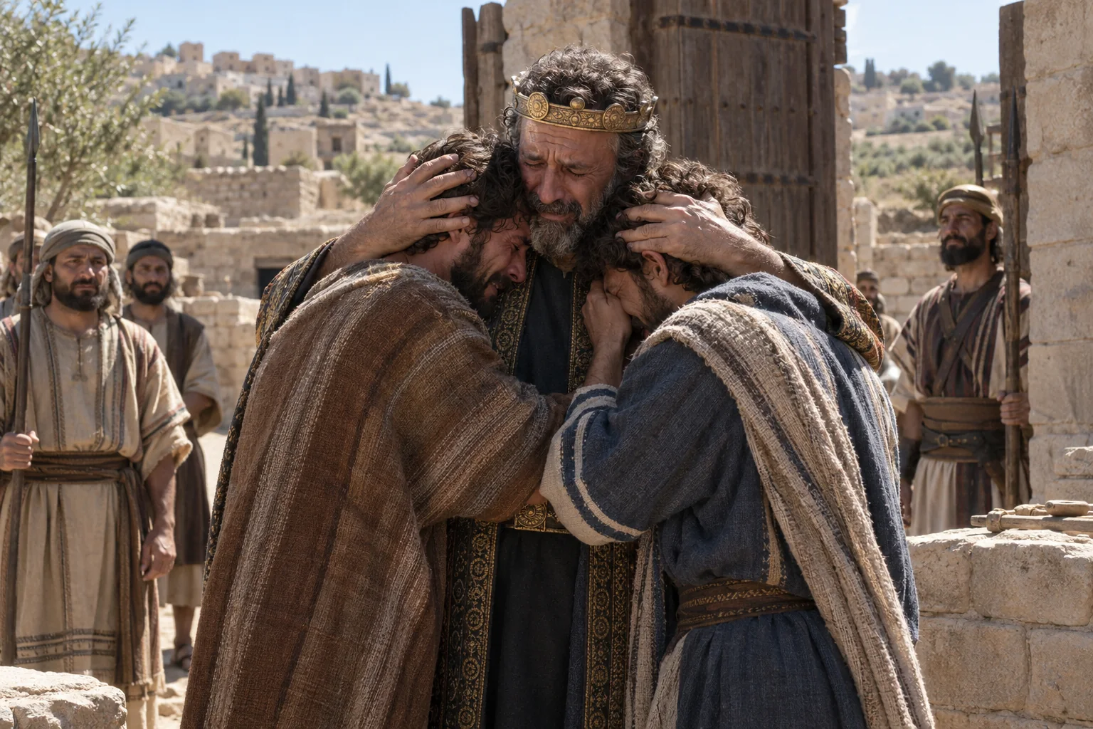 Beeld bij 2 Samuël 13: Davids zonen keren huilend bij hun vader terug.