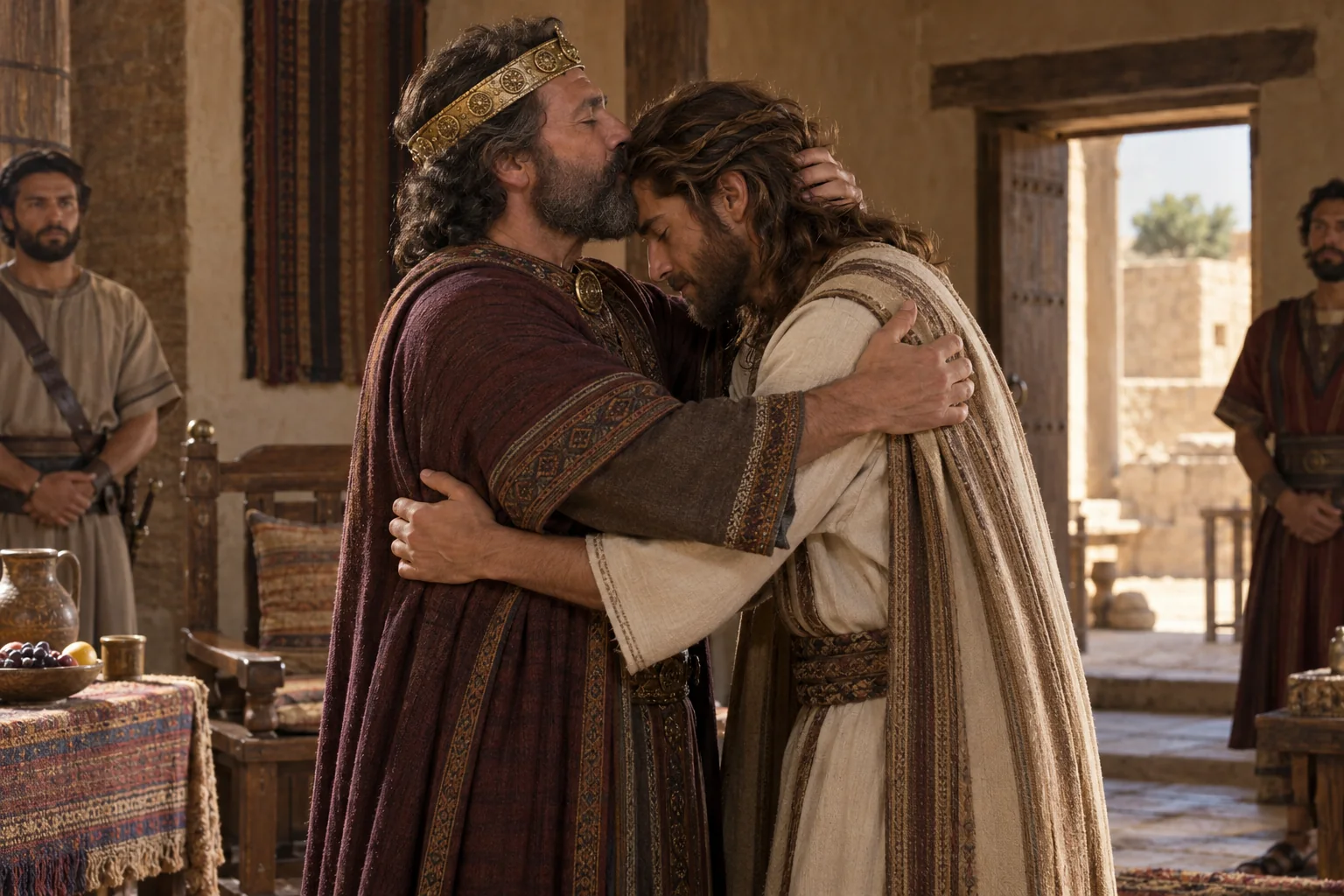 Beeld bij 2 Samuël 14: David ontvangt en kust zijn zoon Absalom.