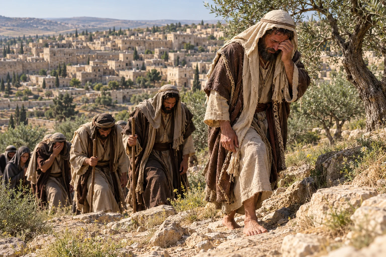 Beeld bij 2 Samuël 15: David loopt huilend en blootsvoets de Olijfberg op.