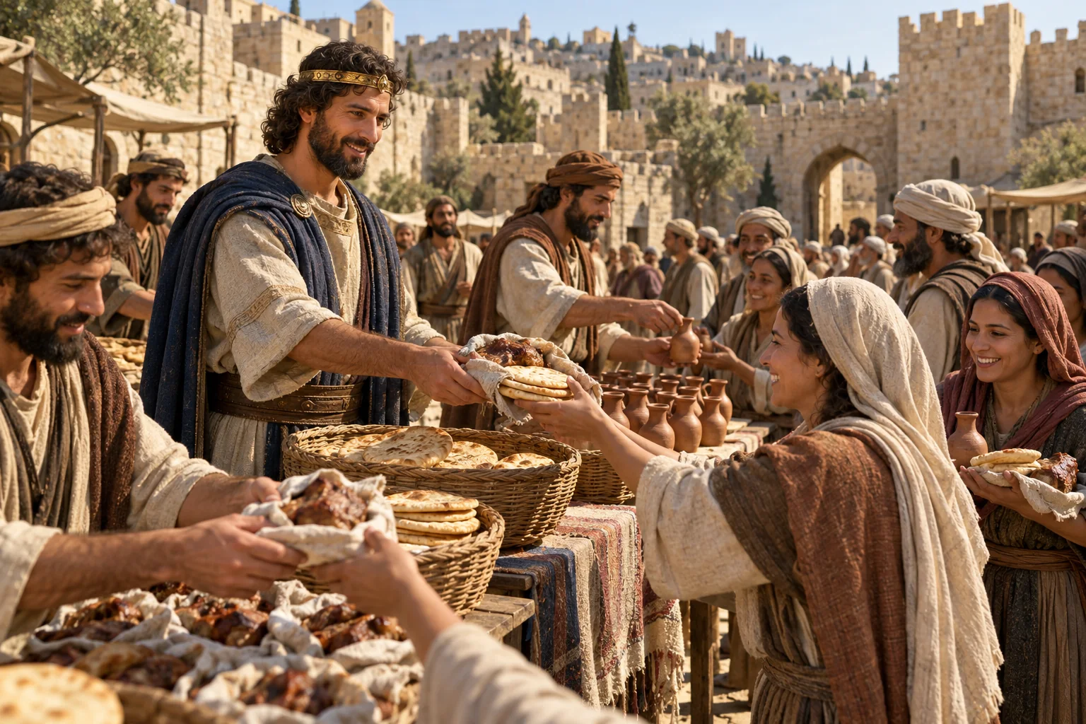 Beeld bij 2 Samuël 6: David deelt voedsel uit aan mannen en vrouwen van Israël.