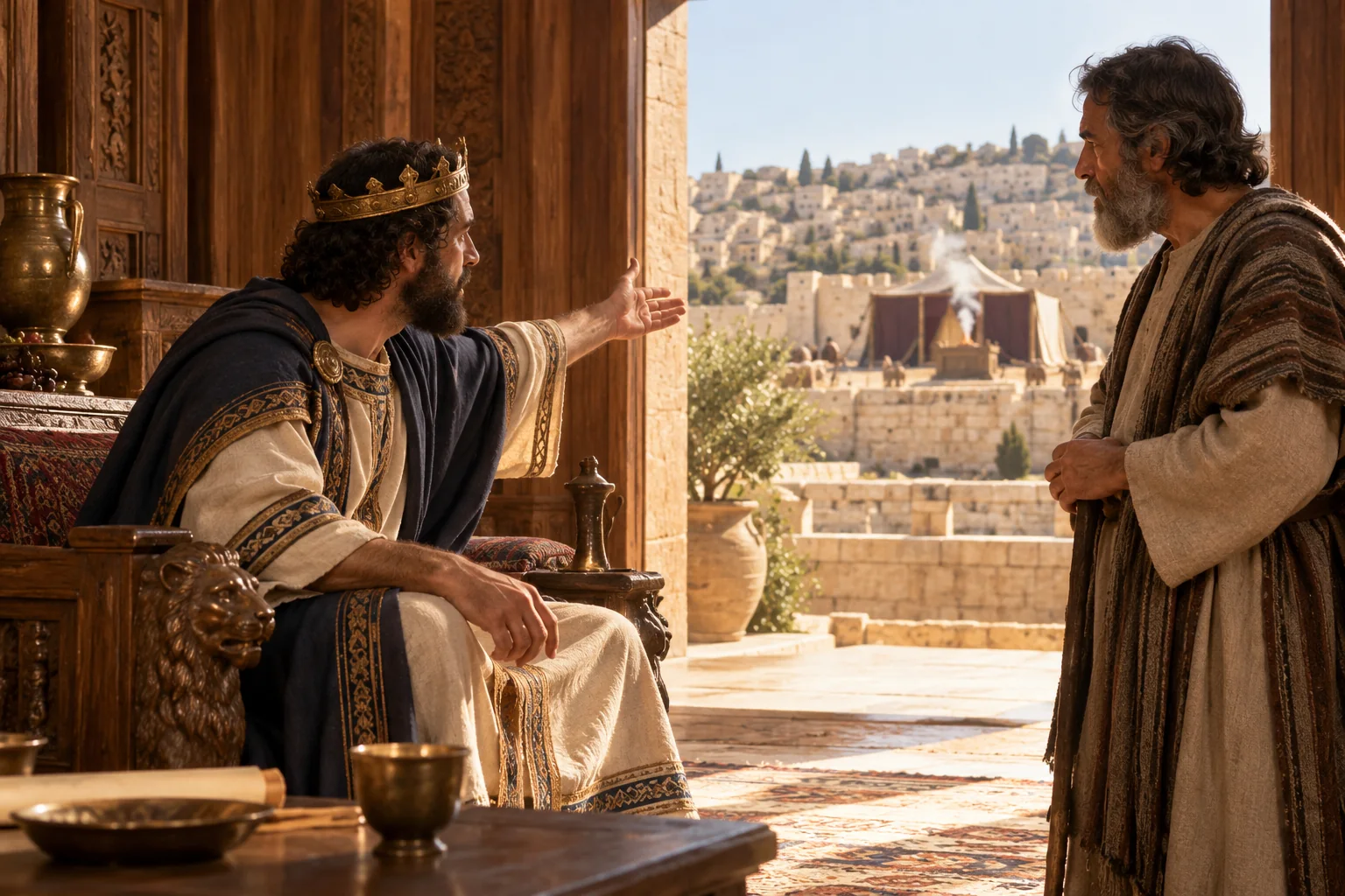 Beeld bij 2 Samuël 7: David spreekt met Nathan over zijn paleis en de tent van de ark.