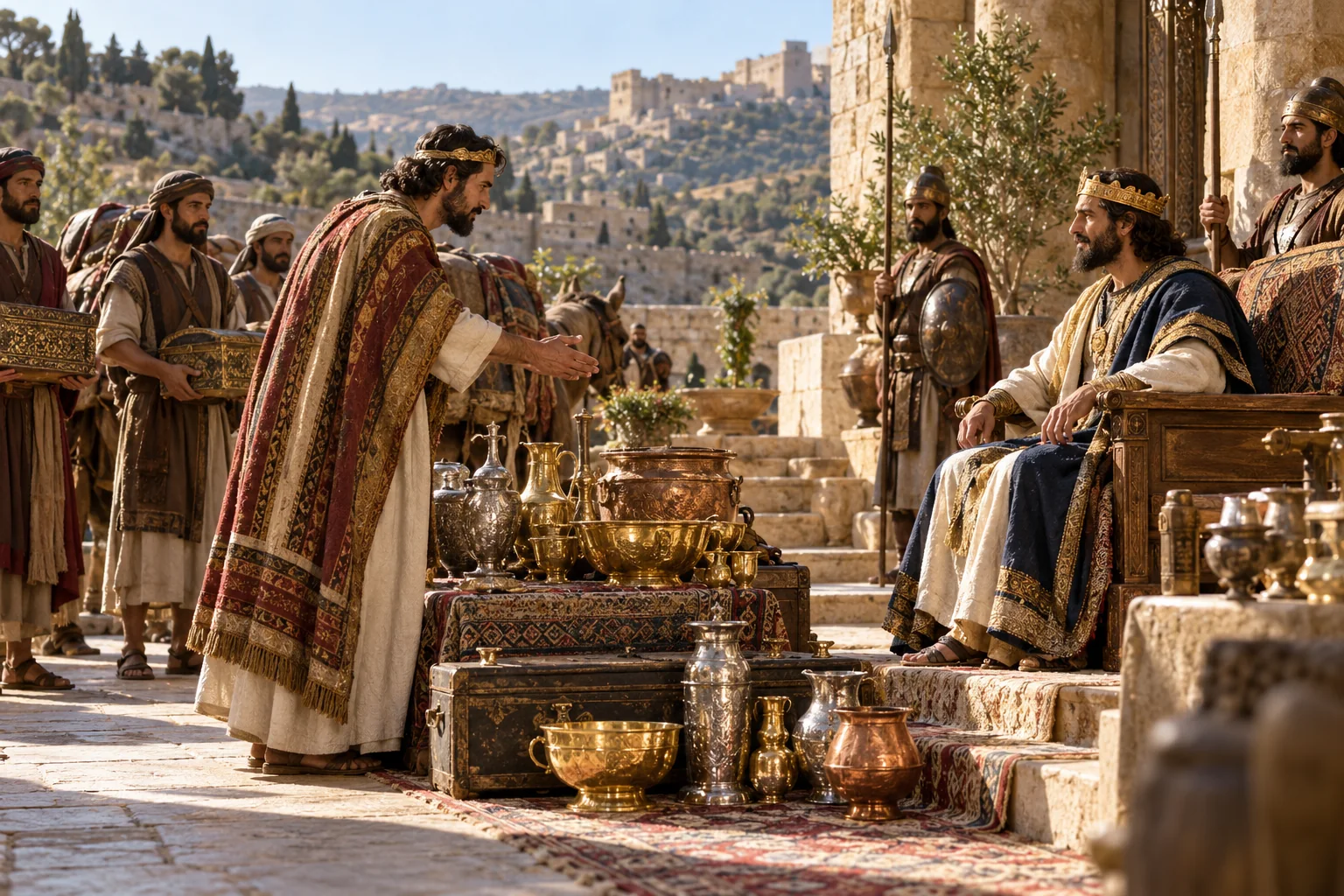 Beeld bij 2 Samuël 8: Joram brengt David geschenken van koning Thoi.