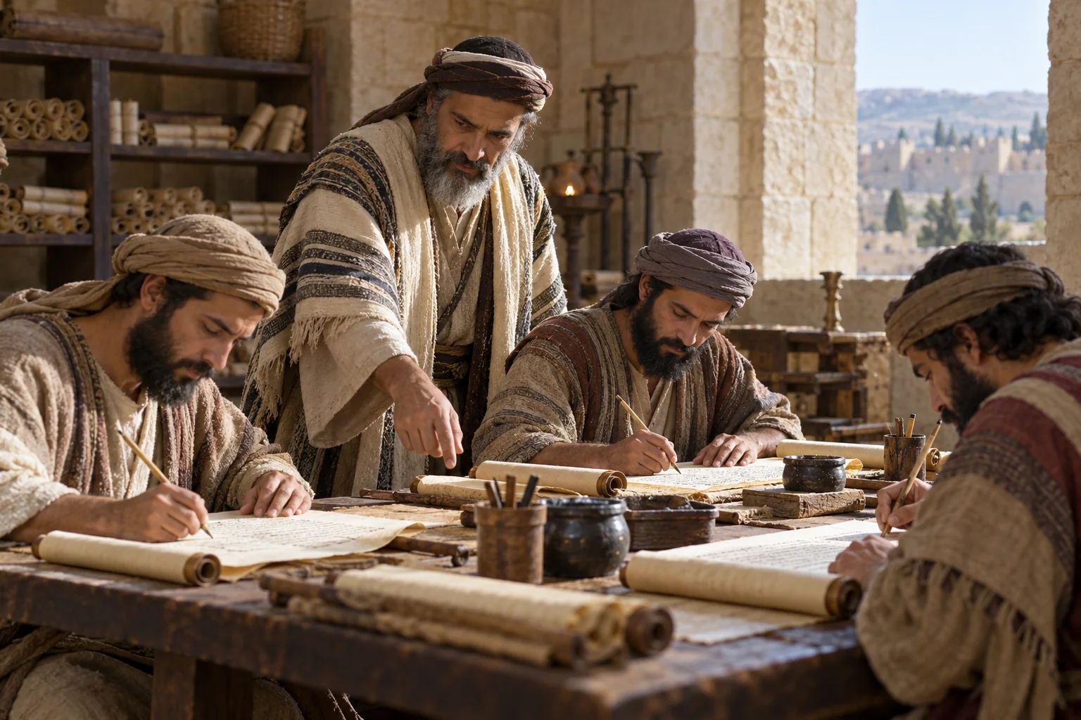 Schrijvers werken samen aan boekrollen