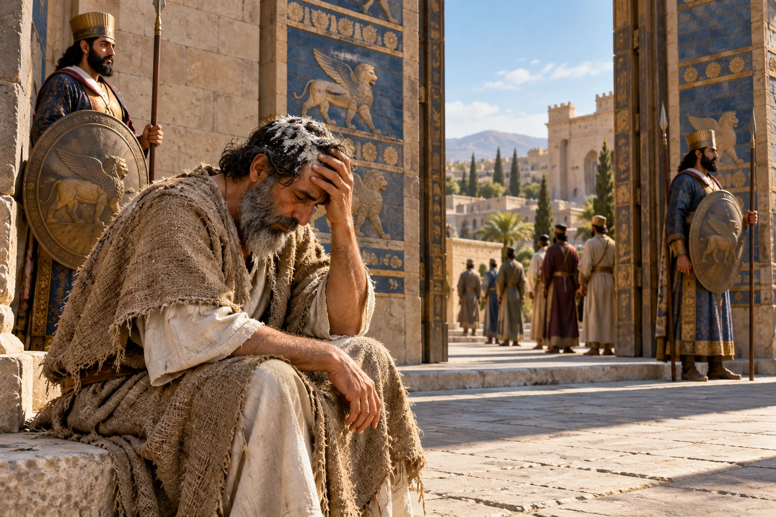 Beeld bij Esther 4: Mordechai rouwt buiten de poort
