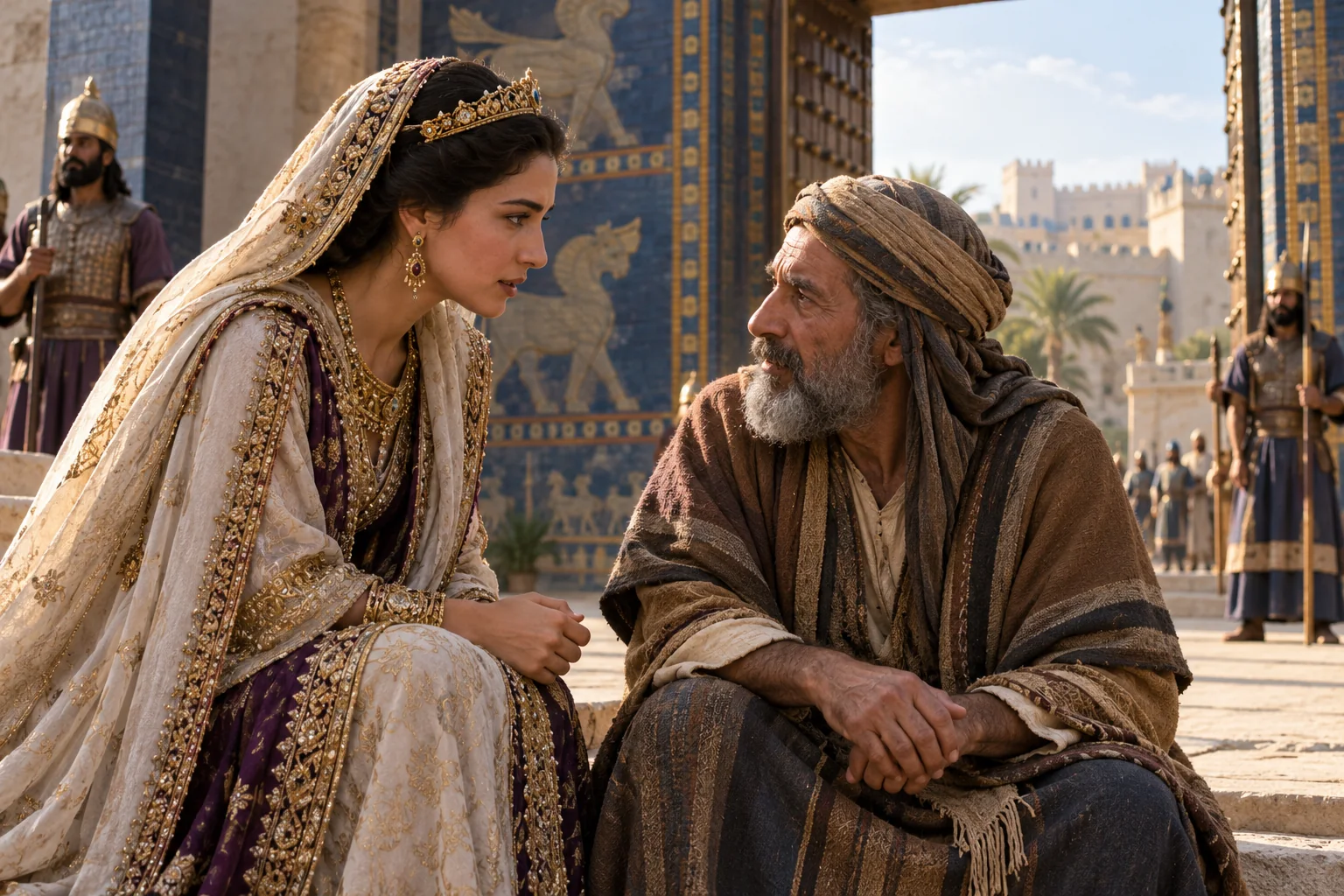 Esther overlegt met Mordechai bij de paleispoort