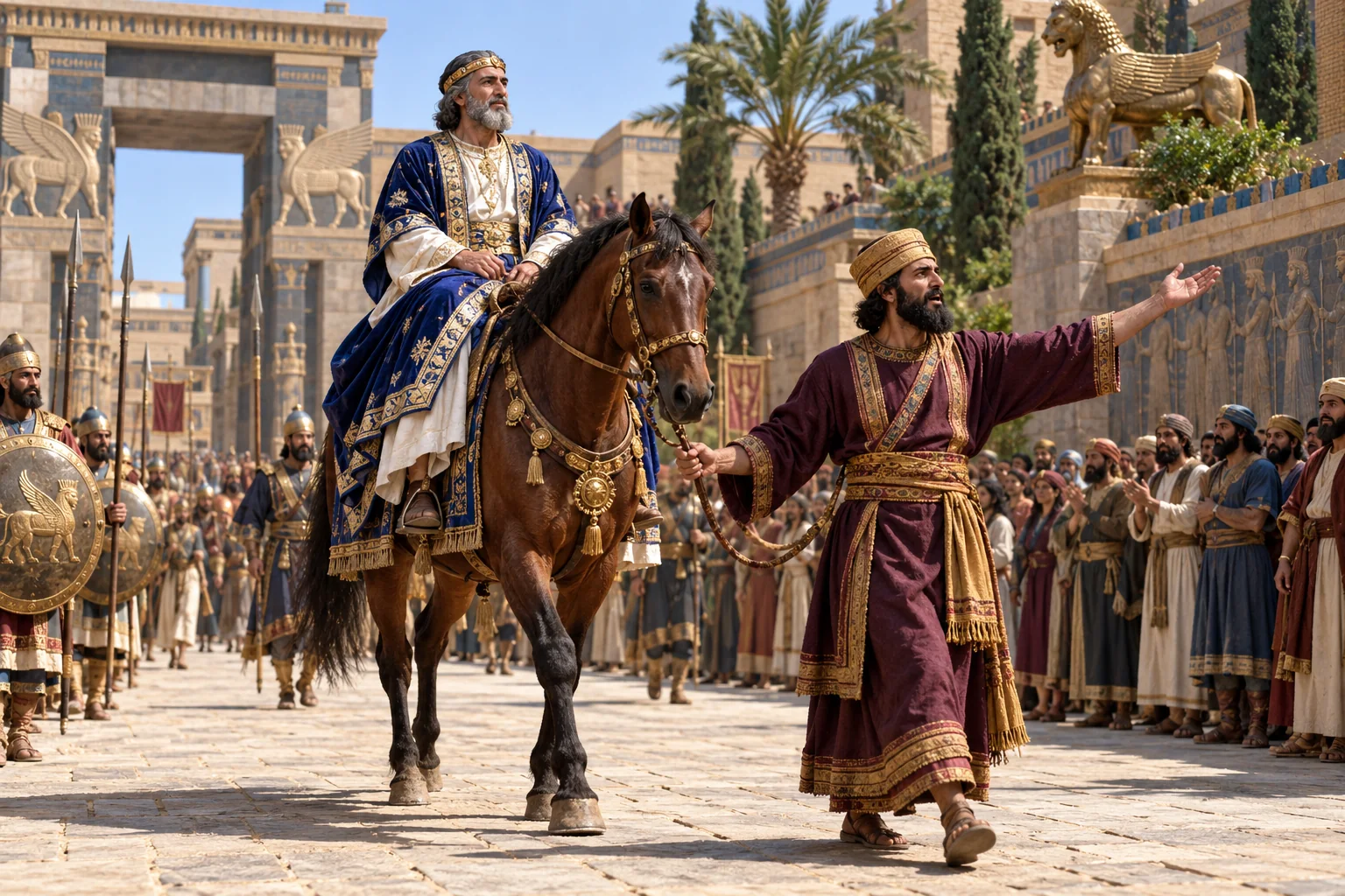 Beeld bij Esther 6: Mordechai wordt door de stad geleid