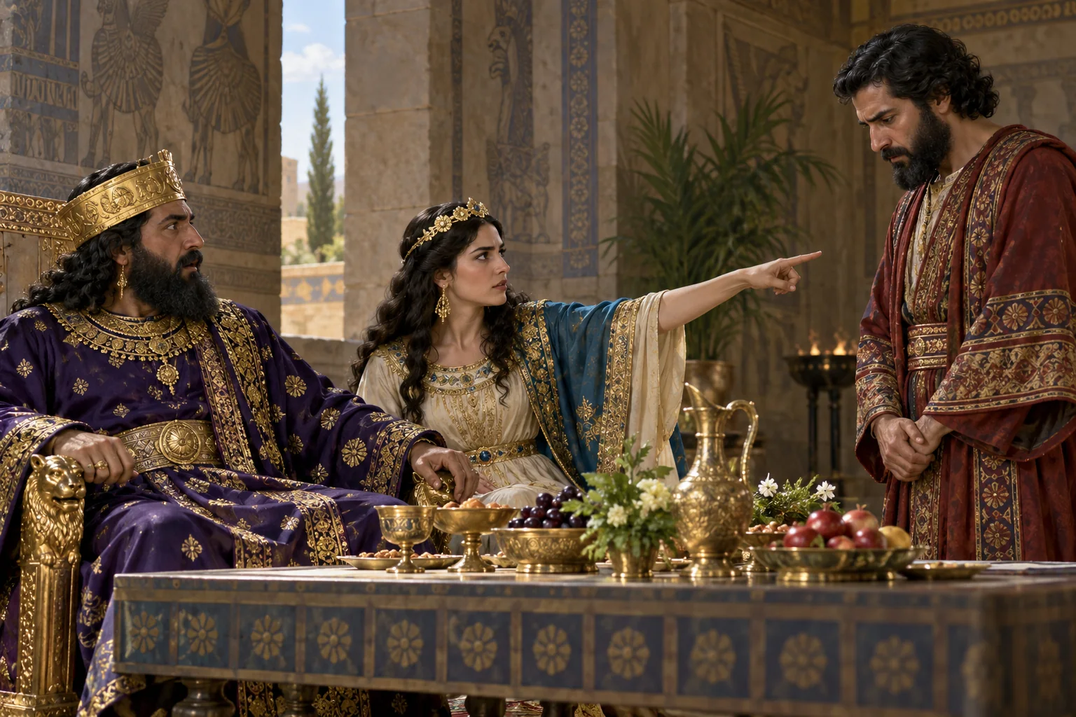 Beeld bij Esther 7: Esther wijst Haman aan
