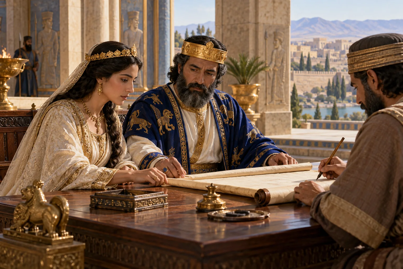 Beeld bij Esther 9: Esther en Mordechai bevestigen Purim